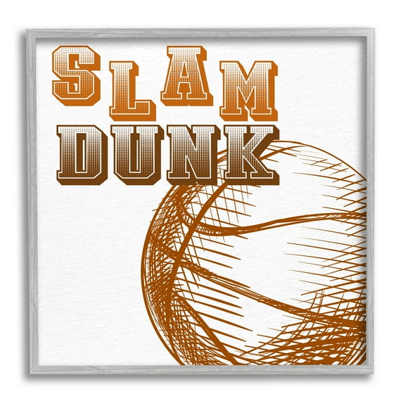 Stupell Industries Slam Dunk Basketball Sports Ball Orange Varsity Typography Sports Painting Gray Framed Art Print Wall Art, 12 x 12