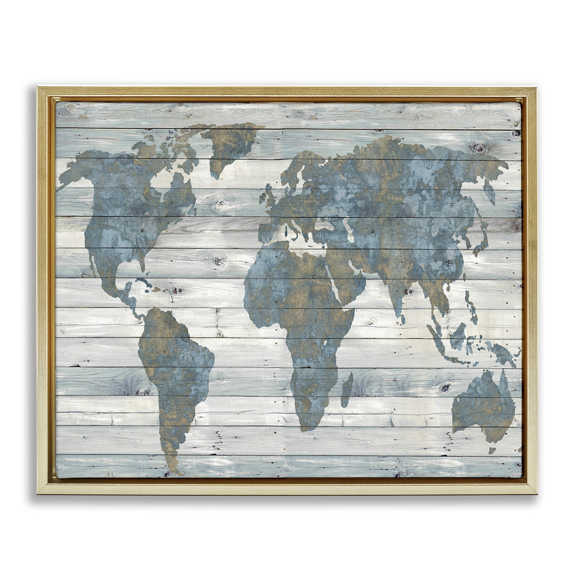 Stupell Industries Slate Blue & Tan World Map Town & City Painting Gold Floater Framed Canvas Art Print Wall Art, 31 x 25