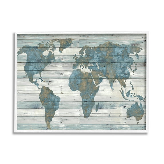 Stupell Industries Slate Blue and Tan Rustic Planked Look Weathered World Map, 24 x 30,Design by Jamie MacDowell