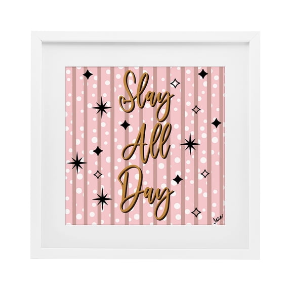 Stupell Industries Contemporary Slay All Day with Sparkle Pattern White Framed Print Under Glass, 16 x 16, by Tara Boone