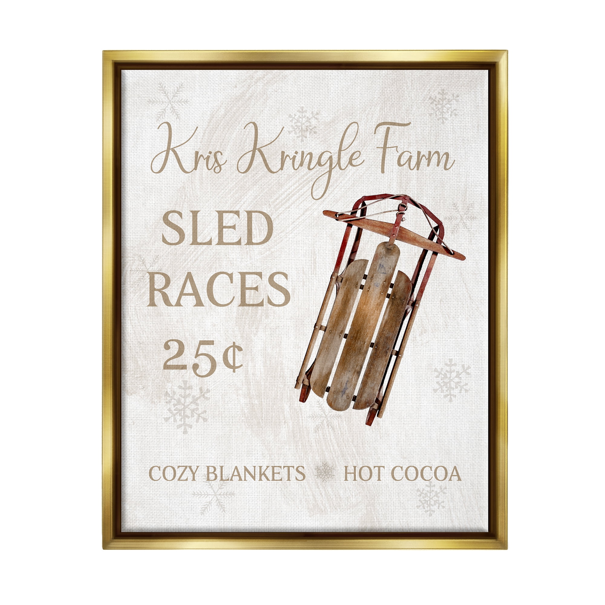 Stupell Industries Sled Races Holiday Sign Holiday Painting Gold Floater Framed Canvas Art Print Wall Art, 17 x 21
