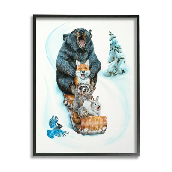 Stupell Industries Sledding Wildlife Snow Scene Animals & Insects Painting Black Framed Art Print Wall Art, 24 x 30