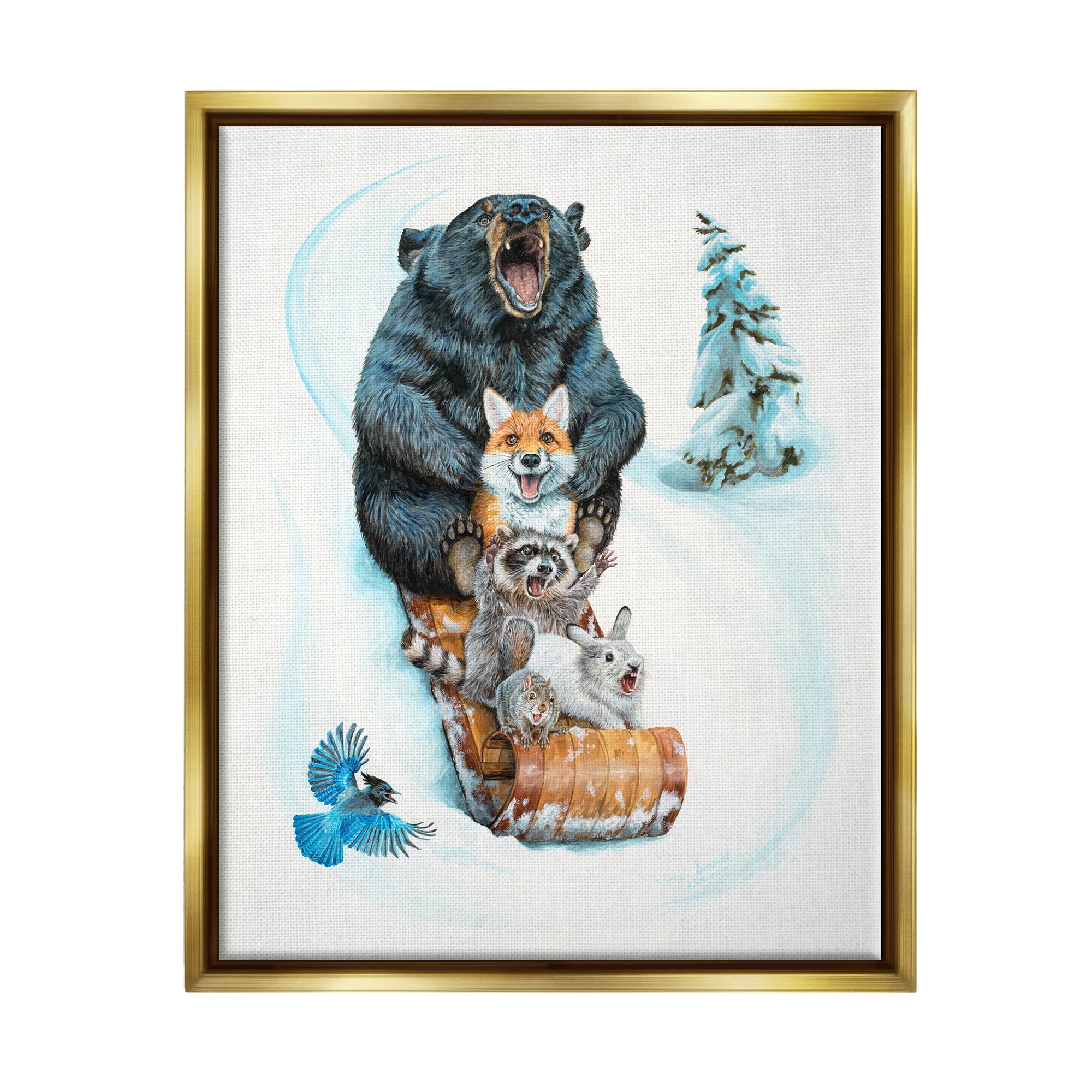 Stupell Industries Sledding Wildlife Snow Scene Animals & Insects Painting Gold Floater Framed Art Print Wall Art, 25 x 31