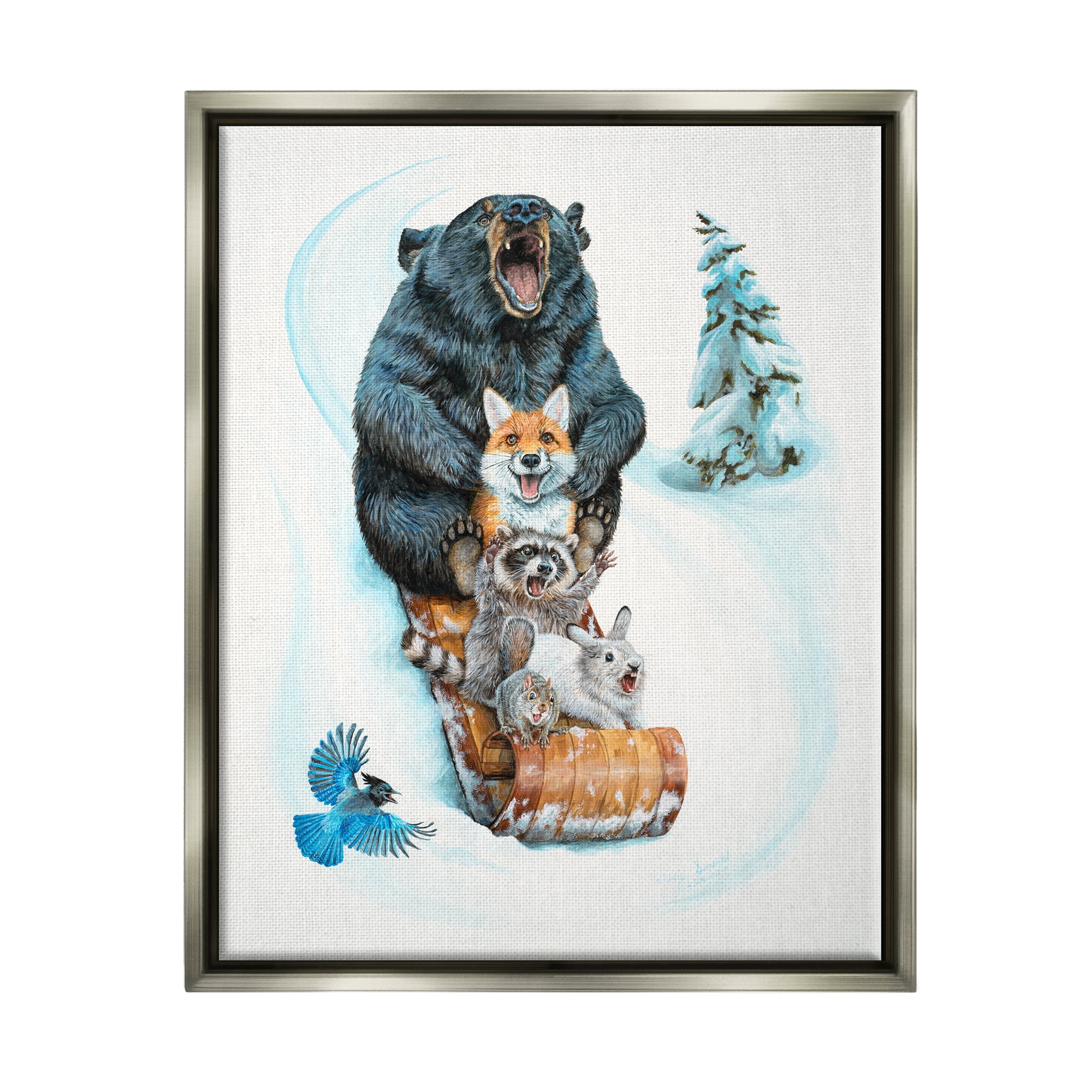 Stupell Industries Sledding Wildlife Snow Scene Animals & Insects Painting Gray Floater Framed Art Print Wall Art, 17 x 21