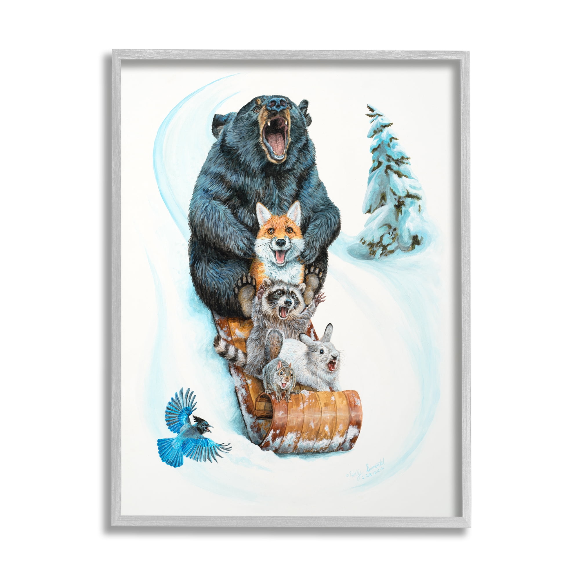 Stupell Industries Sledding Wildlife Snow Scene Animals & Insects Painting Gray Framed Art Print Wall Art, 11 x 14