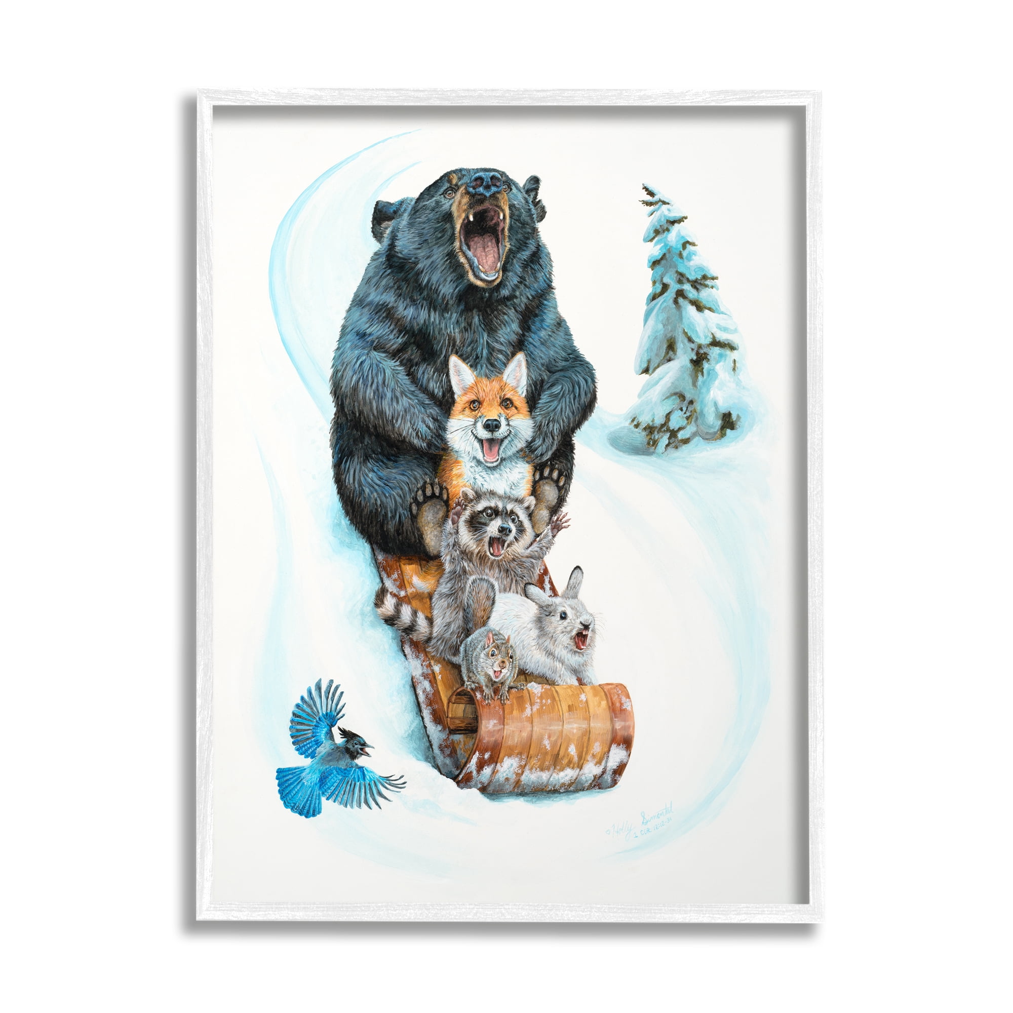 Stupell Industries Sledding Wildlife Snow Scene Animals & Insects Painting White Framed Art Print Wall Art, 16 x 20