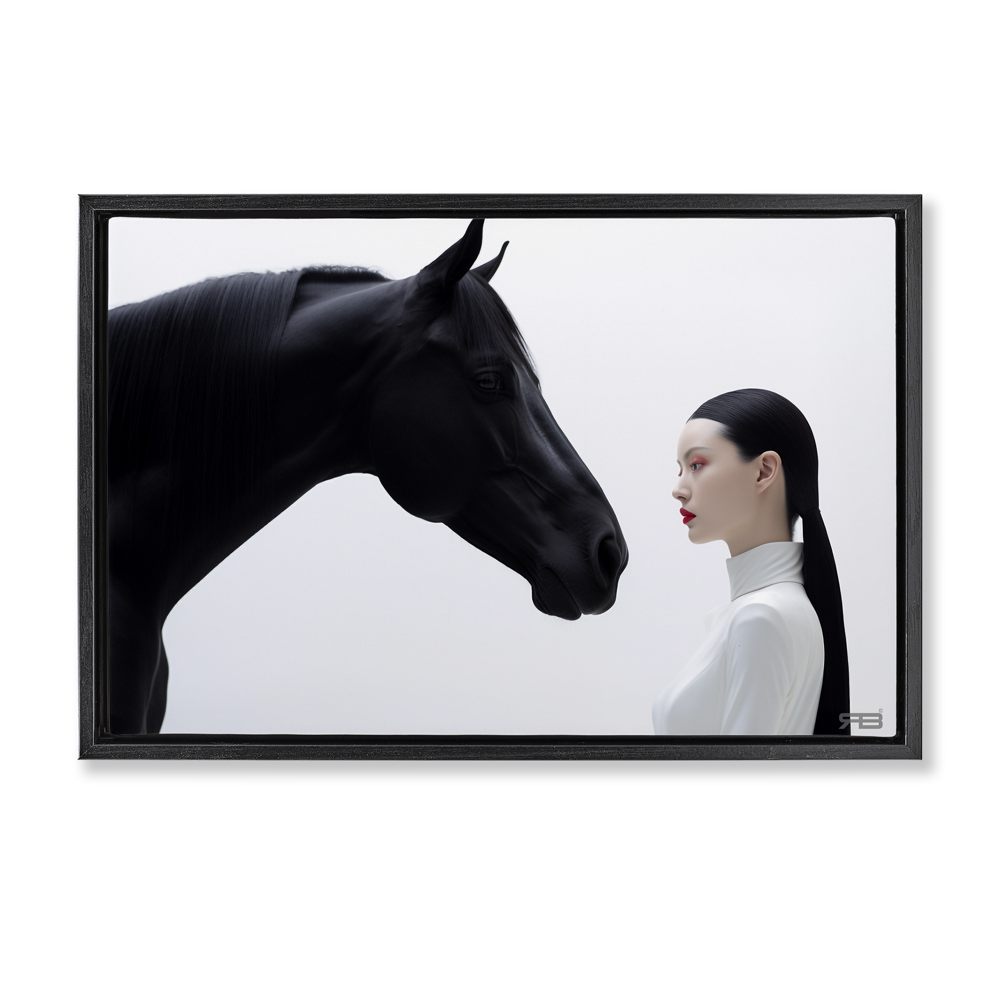 Stupell Industries Sleek Black Horse & Girl People Painting Black Floater Framed Canvas Art Print Wall Art, 31 x 21