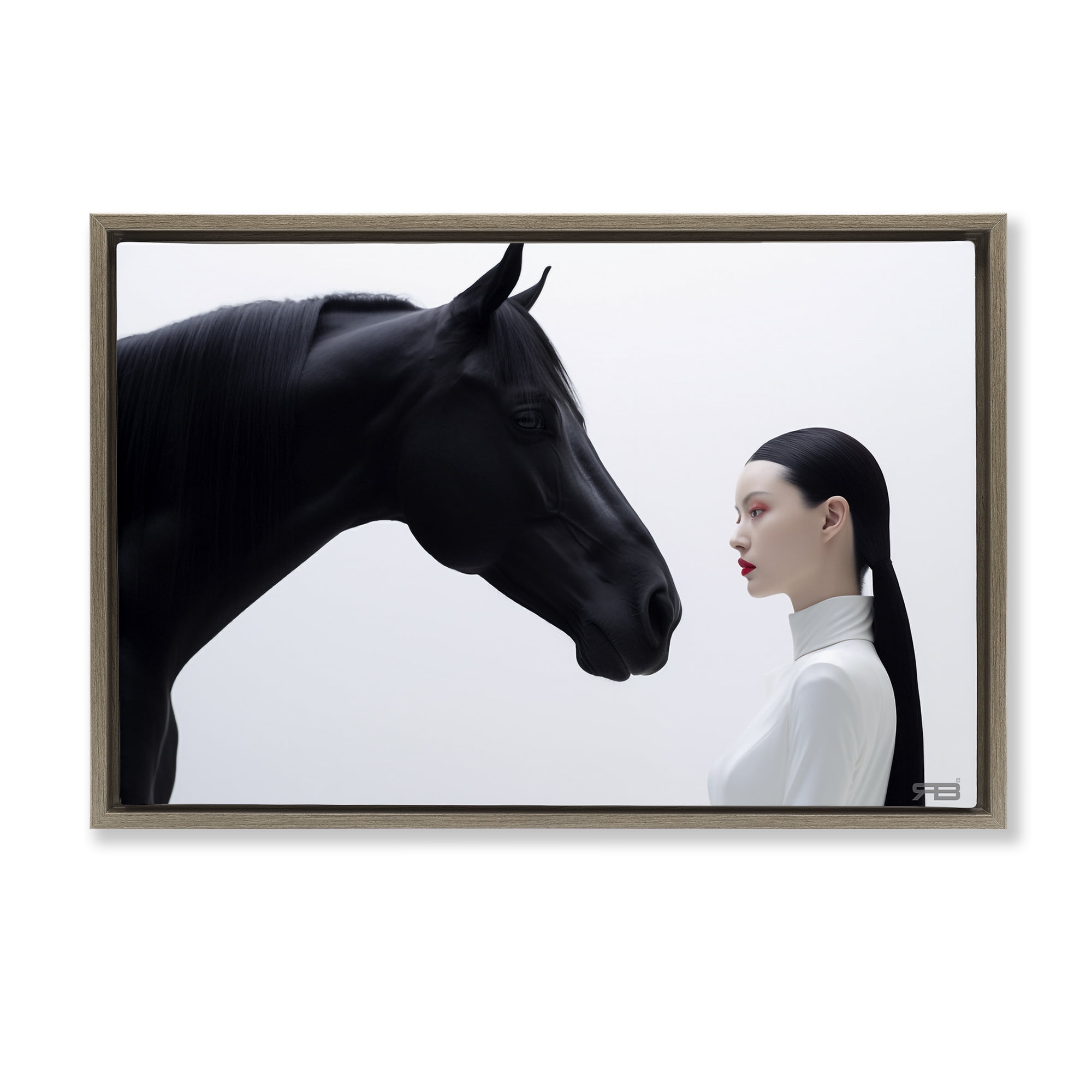 Stupell Industries Sleek Black Horse & Girl People Painting Brown Floater Framed Canvas Art Print Wall Art, 31 x 21