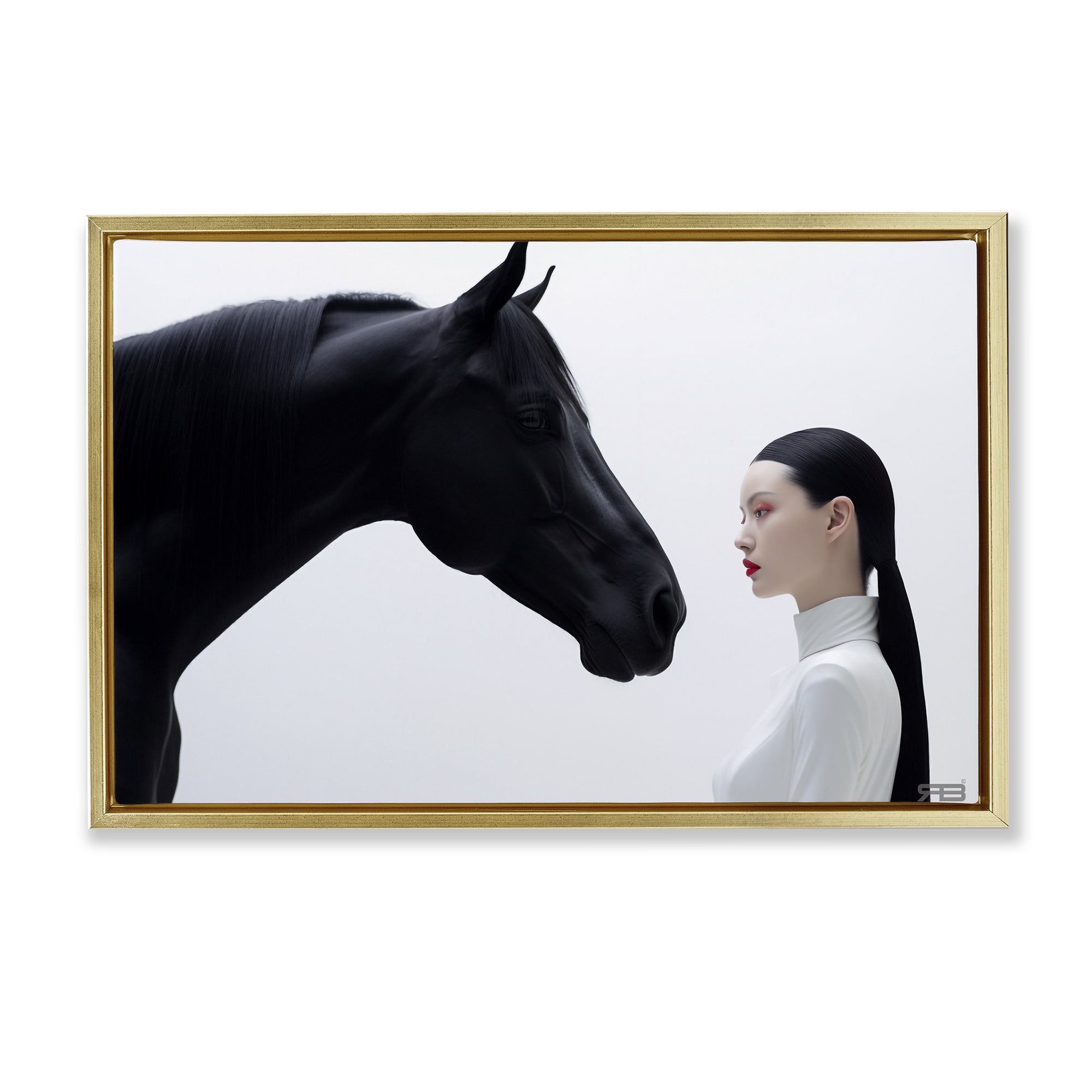 Stupell Industries Sleek Black Horse & Girl People Painting Gold Floater Framed Canvas Art Print Wall Art, 31 x 21
