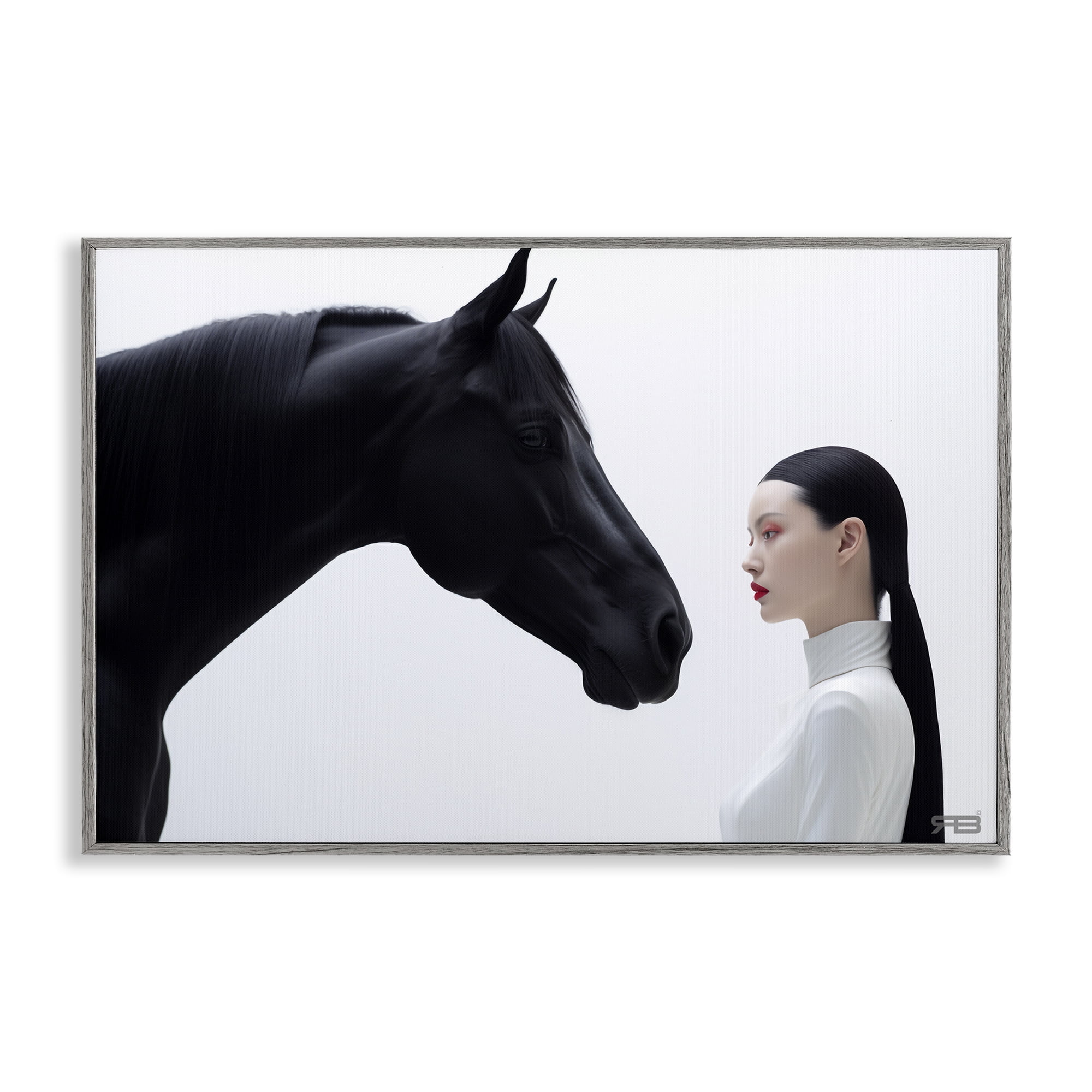 Stupell Industries Sleek Black Horse & Girl People Painting Gray Framed Art Print Wall Art, 24 x 16