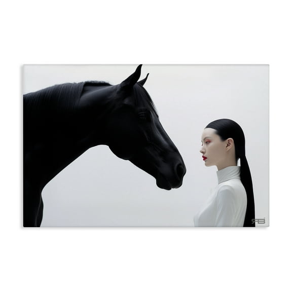Stupell Industries Sleek Black Horse & Girl People Painting Wrapped Canvas Art Print Wall Art, 24 x 16