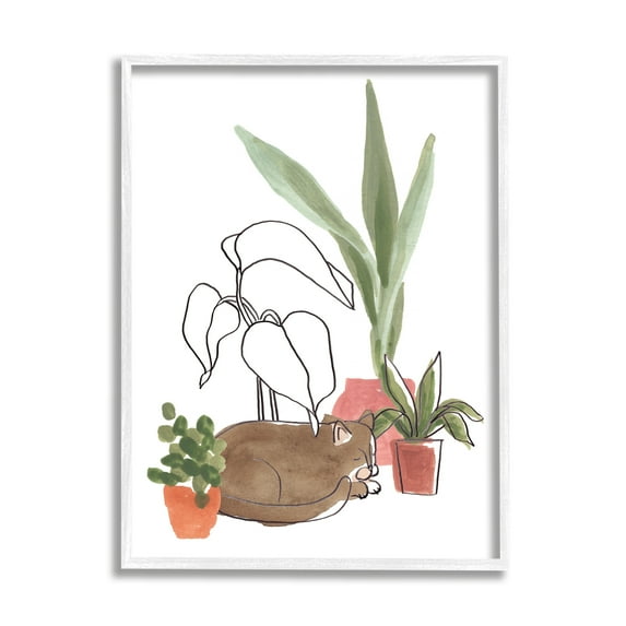 Stupell Industries Sleeping Cat Indoor Pet Terracotta Plants Big Palms, 16 x 20, Design by June Erica Vess
