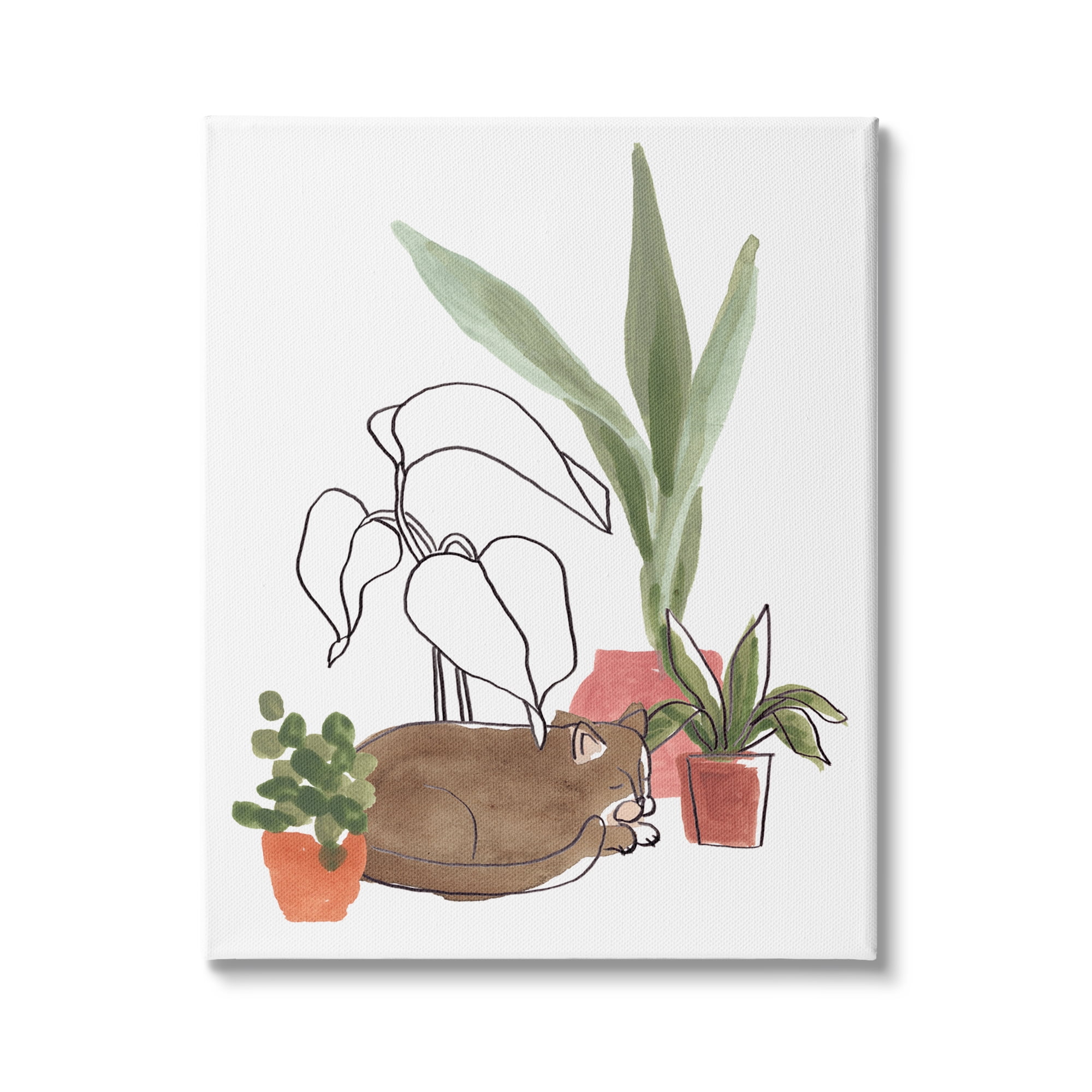 Stupell Industries Sleeping Cat Indoor Pet Terracotta Plants Big Palms, 36 x 48, Design by June Erica Vess