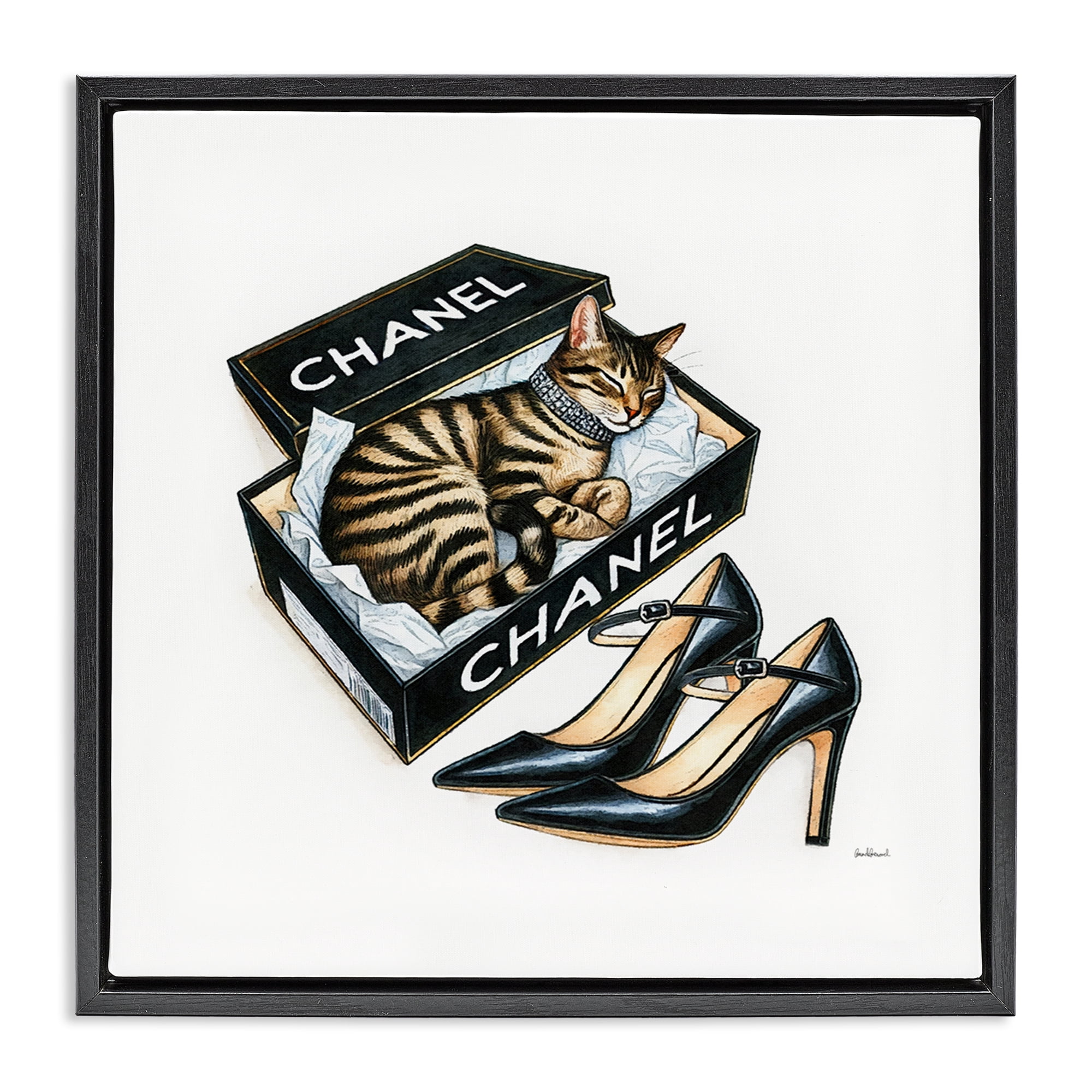 Stupell Industries Sleeping Cat in Shoe Box Animals Painting Black Floater Framed Canvas Art Print Wall Art, 25 x 25