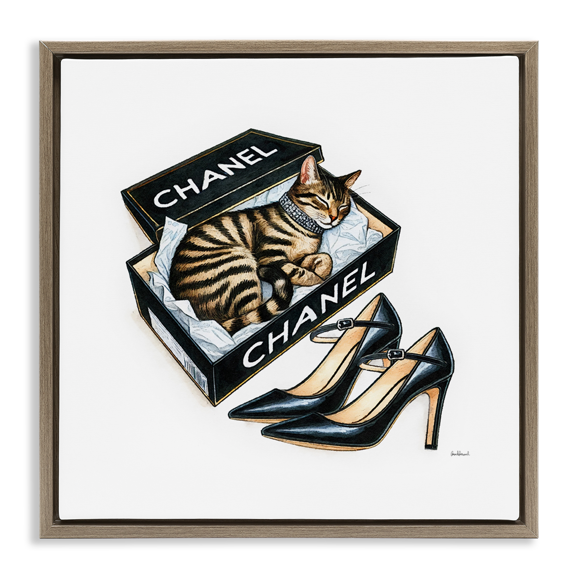 Stupell Industries Sleeping Cat in Shoe Box Animals Painting Brown Floater Framed Canvas Art Print Wall Art, 18 x 18