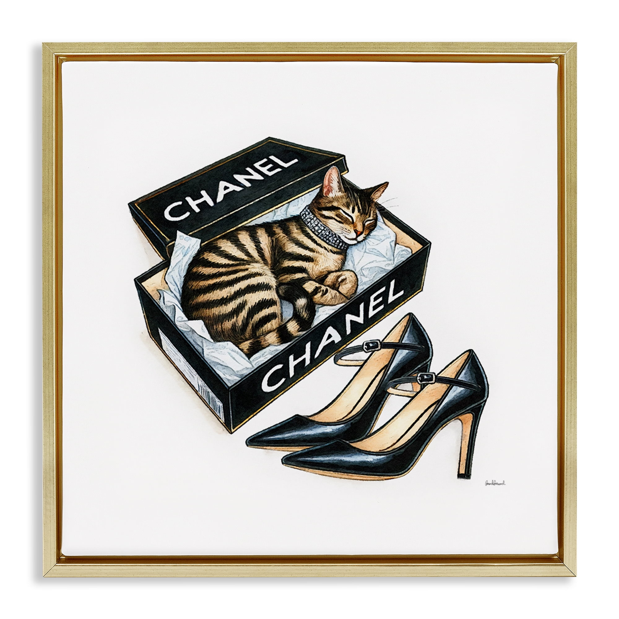 Stupell Industries Sleeping Cat in Shoe Box Animals Painting Gold Floater Framed Canvas Art Print Wall Art, 18 x 18