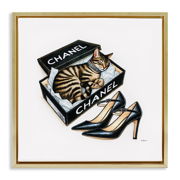 Stupell Industries Contemporary Sleeping Cat in Shoe Box Gold Floating Frame Canvas Art, 18 x 18, by Amanda Greenwood