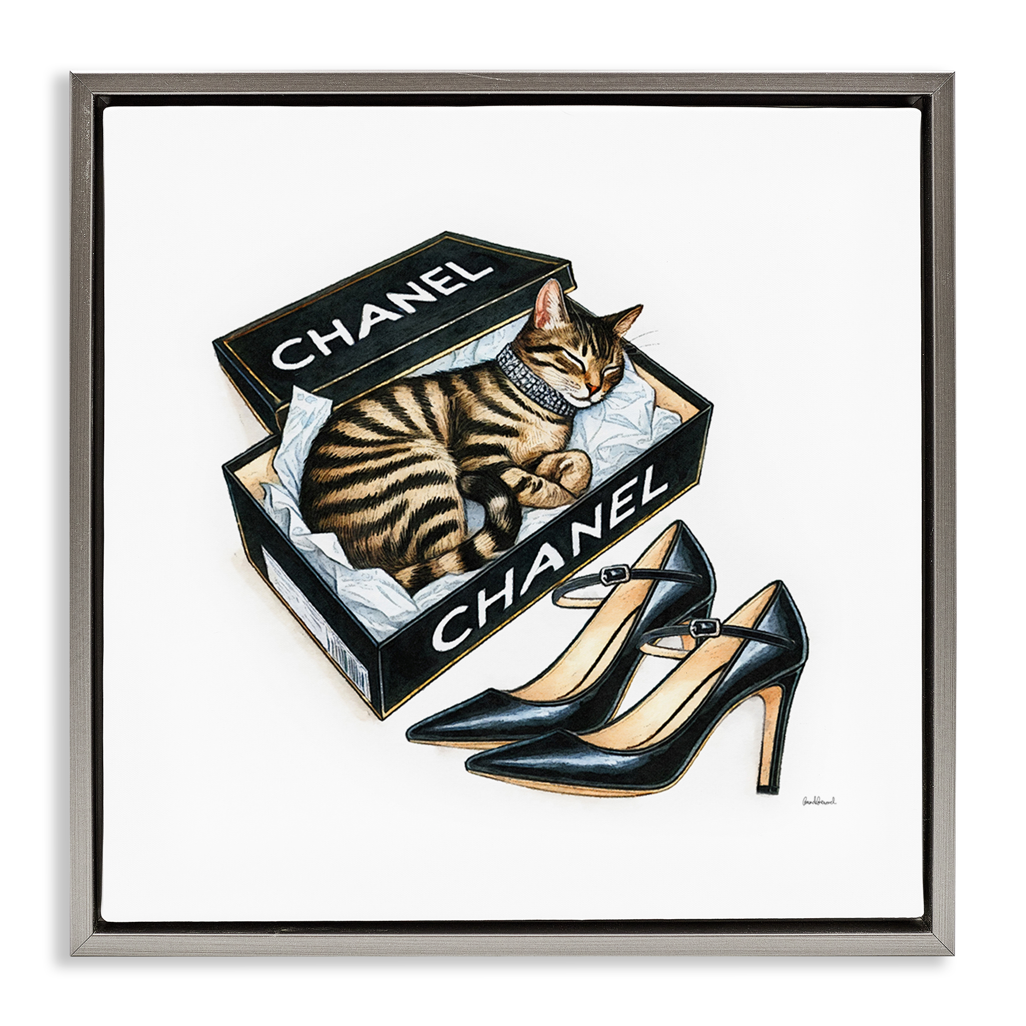 Stupell Industries Sleeping Cat in Shoe Box Animals Painting Gray Floater Framed Canvas Art Print Wall Art, 18 x 18