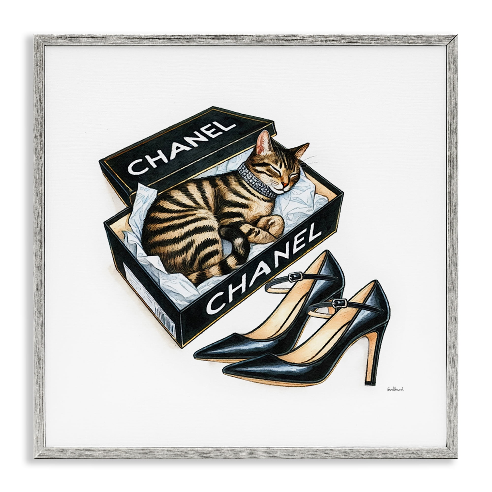 Stupell Industries Sleeping Cat in Shoe Box Animals Painting Gray Framed Art Print Wall Art, 12 x 12