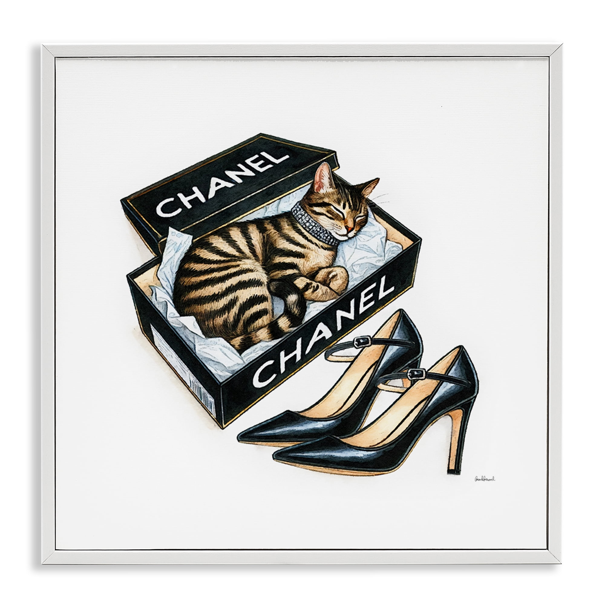 Stupell Industries Sleeping Cat in Shoe Box Animals Painting White Framed Art Print Wall Art, 12 x 12