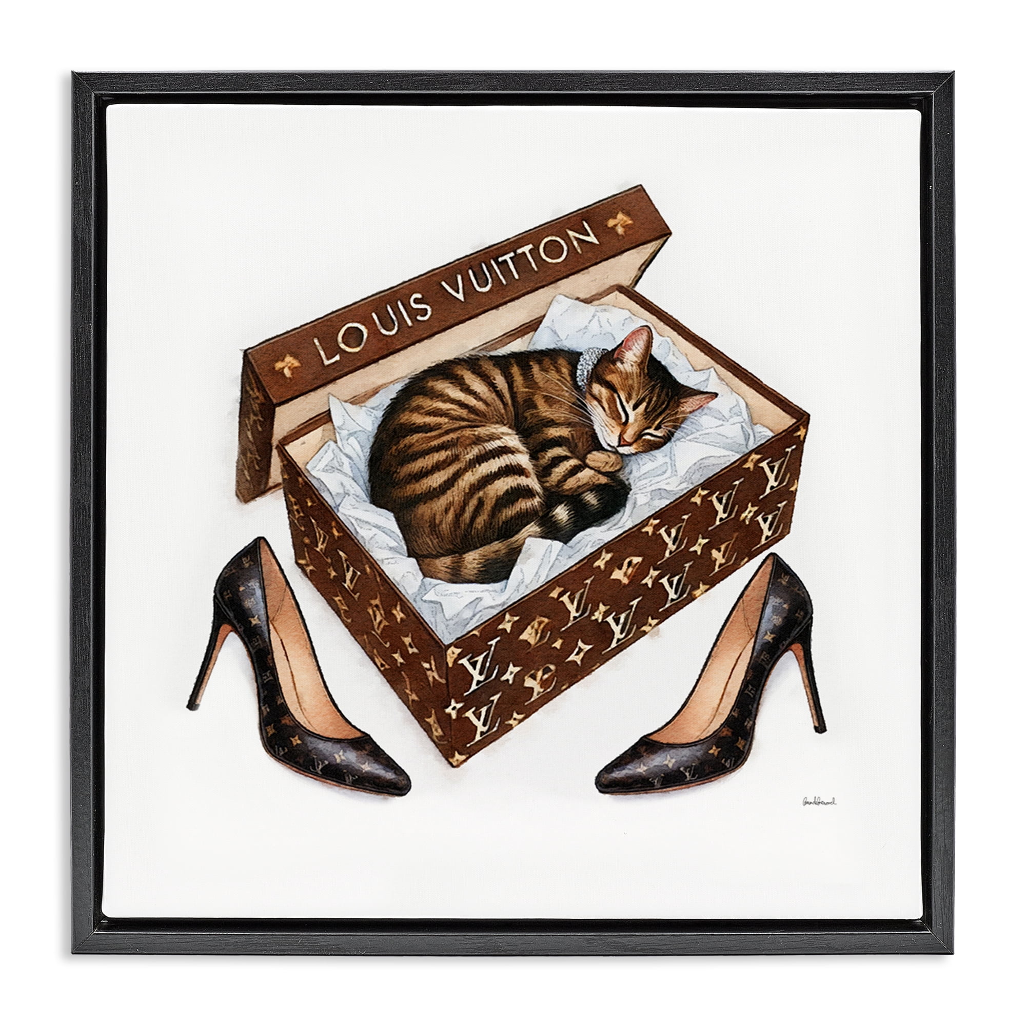 Stupell Industries Sleeping Cat in Shoebox Animals Painting Black Floater Framed Canvas Art Print Wall Art, 18 x 18
