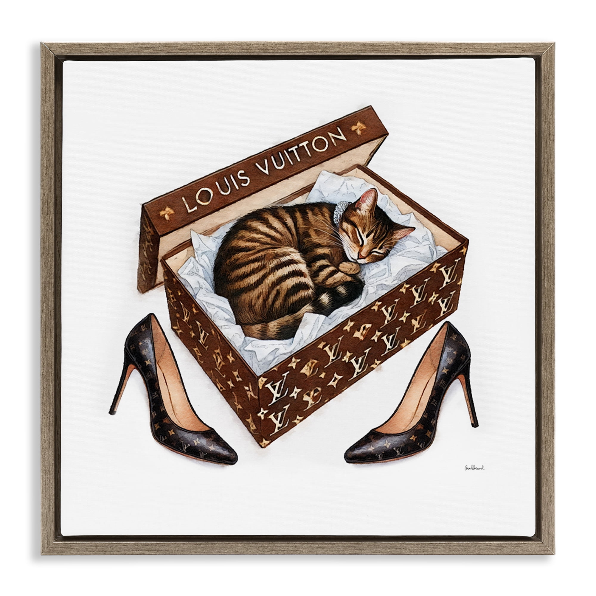 Stupell Industries Sleeping Cat in Shoebox Animals Painting Brown Floater Framed Canvas Art Print Wall Art, 25 x 25
