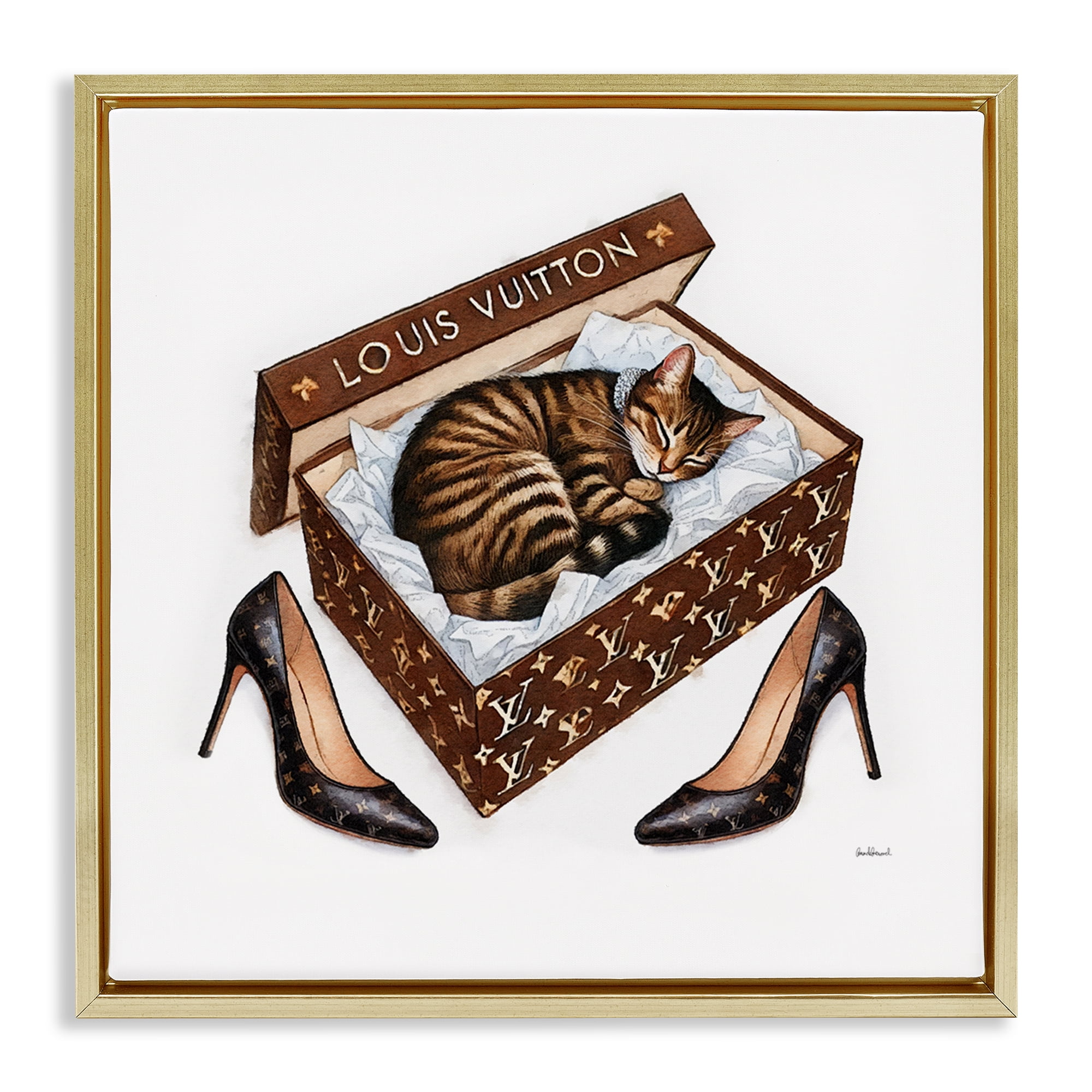 Stupell Industries Sleeping Cat in Shoebox Animals Painting Gold Floater Framed Canvas Art Print Wall Art, 25 x 25