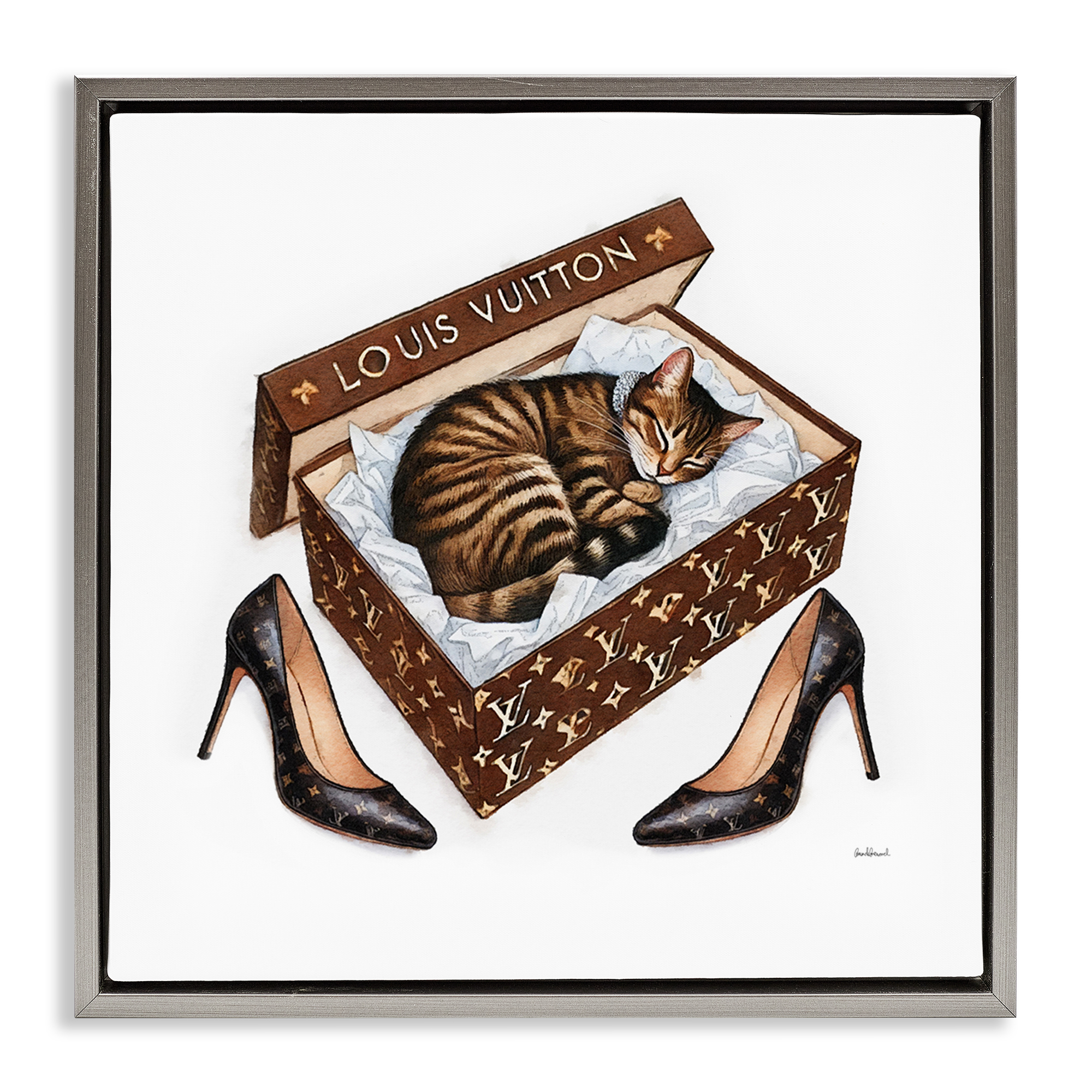 Stupell Industries Sleeping Cat in Shoebox Animals Painting Gray Floater Framed Canvas Art Print Wall Art, 18 x 18