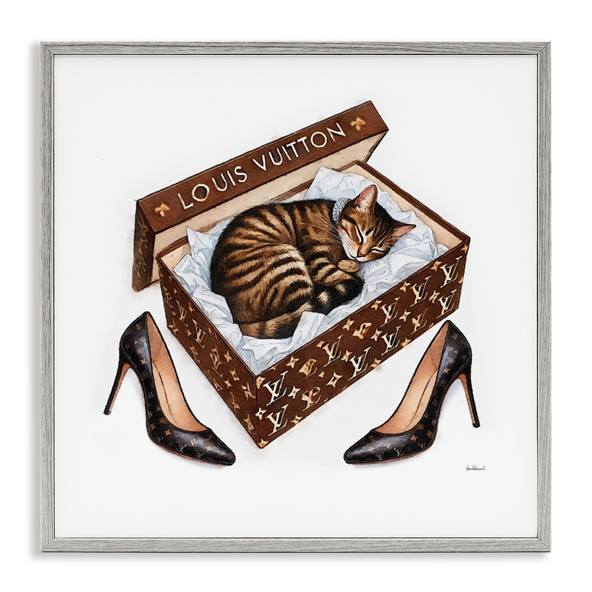 Stupell Industries Sleeping Cat in Shoebox Animals Painting Gray Framed Art Print Wall Art, 12 x 12