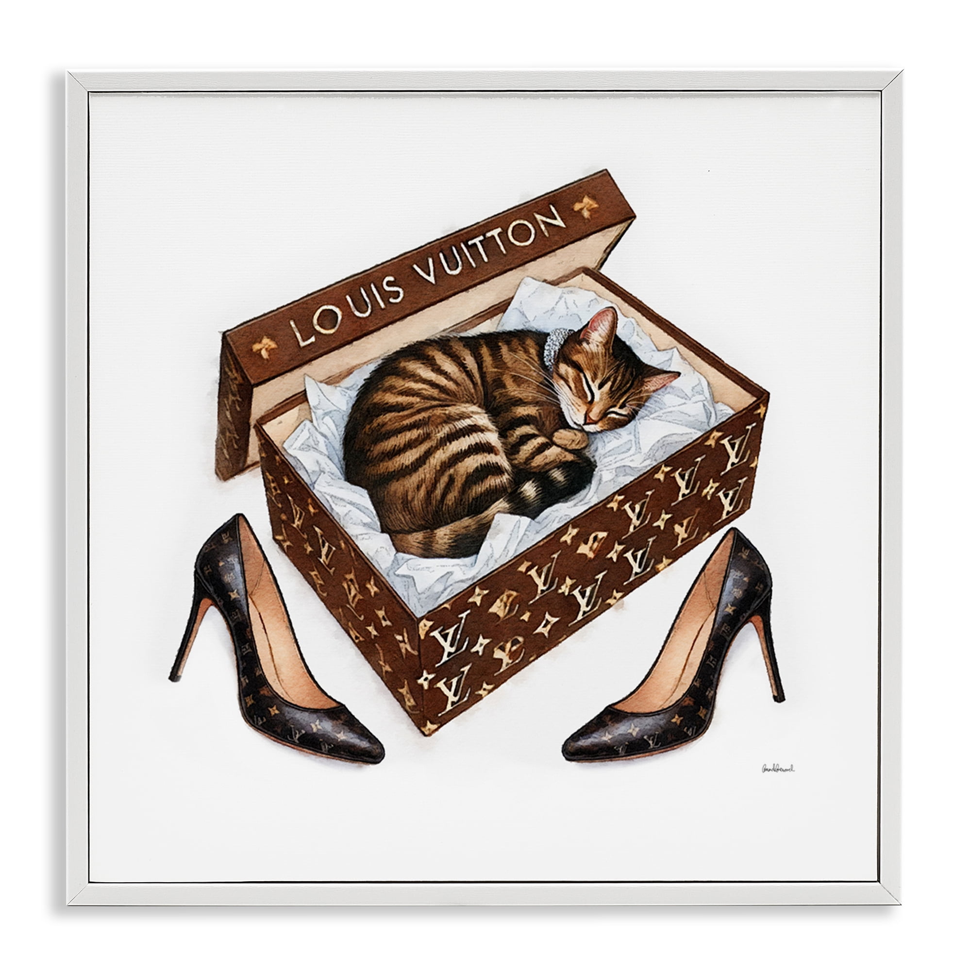 Stupell Industries Sleeping Cat in Shoebox Animals Painting White Framed Art Print Wall Art, 24 x 24