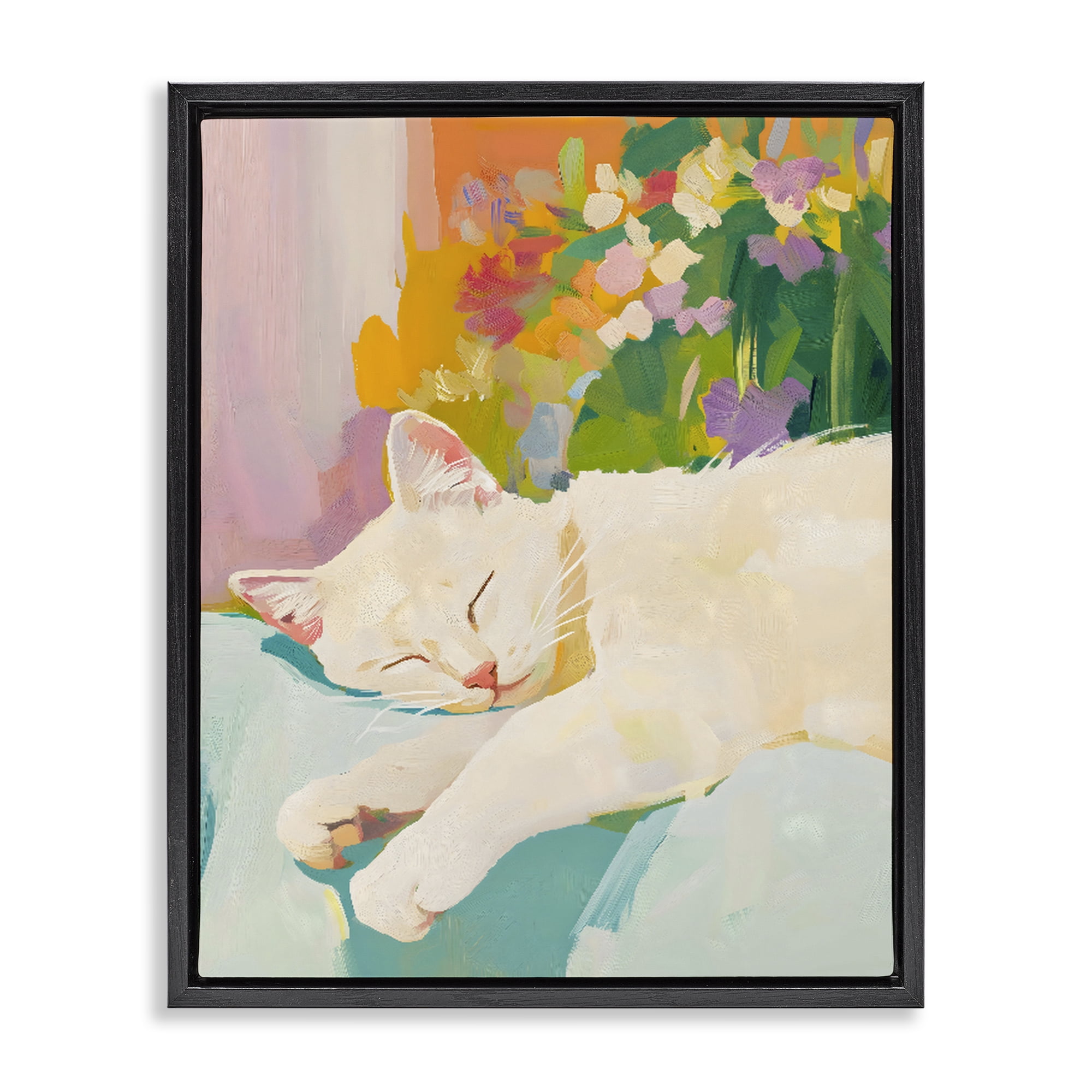 Stupell Industries Sleeping Cat with Flowers Black Framed Floater Canvas Wall Art, design by The Prints Vibe
