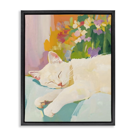 Stupell Industries Contemporary Sleeping Cat with Flowers Black Floating Frame Canvas Art, 25 x 31, by The Prints Vibe
