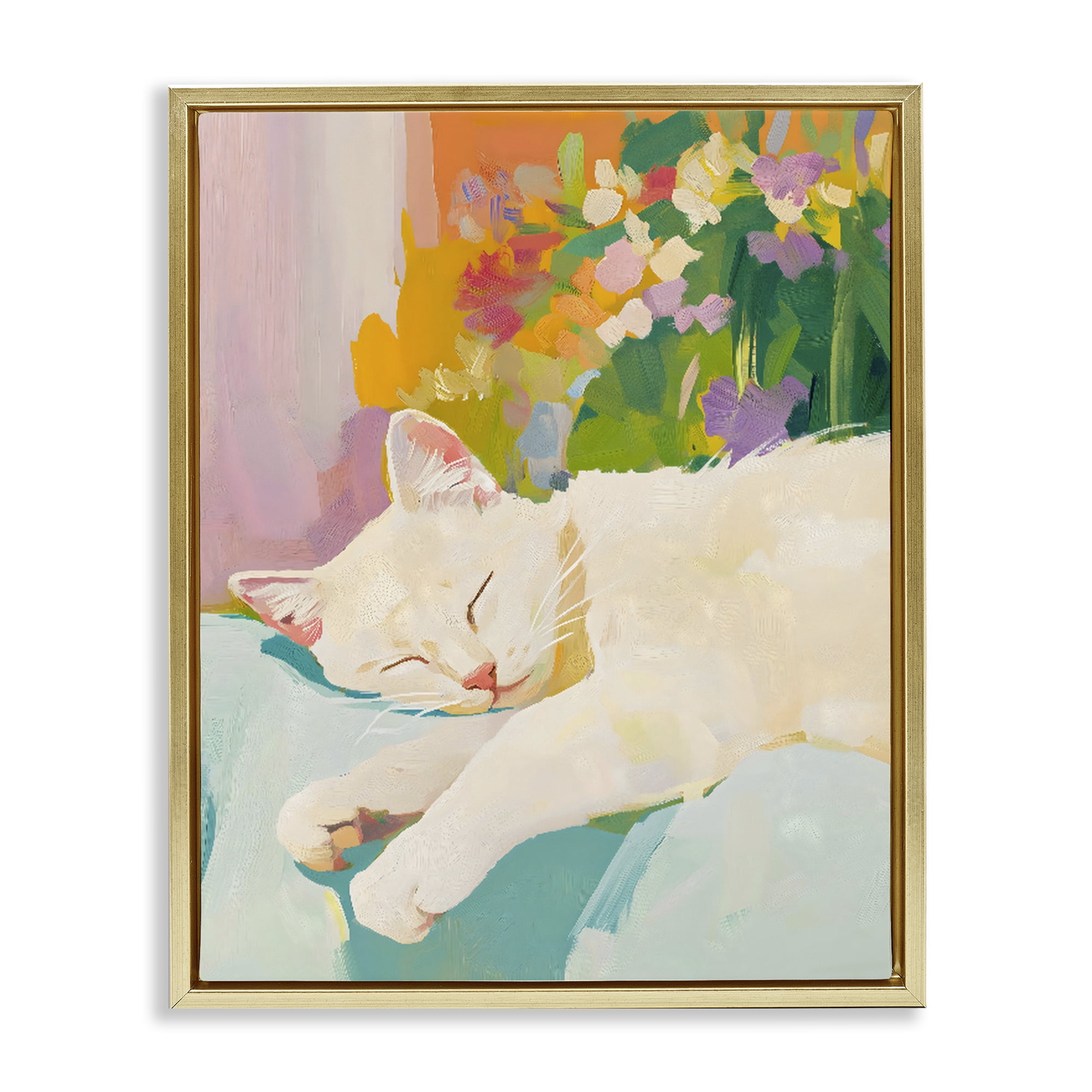 Stupell Industries Sleeping Cat with Flowers Gold Framed Floater Canvas Wall Art, design by The Prints Vibe