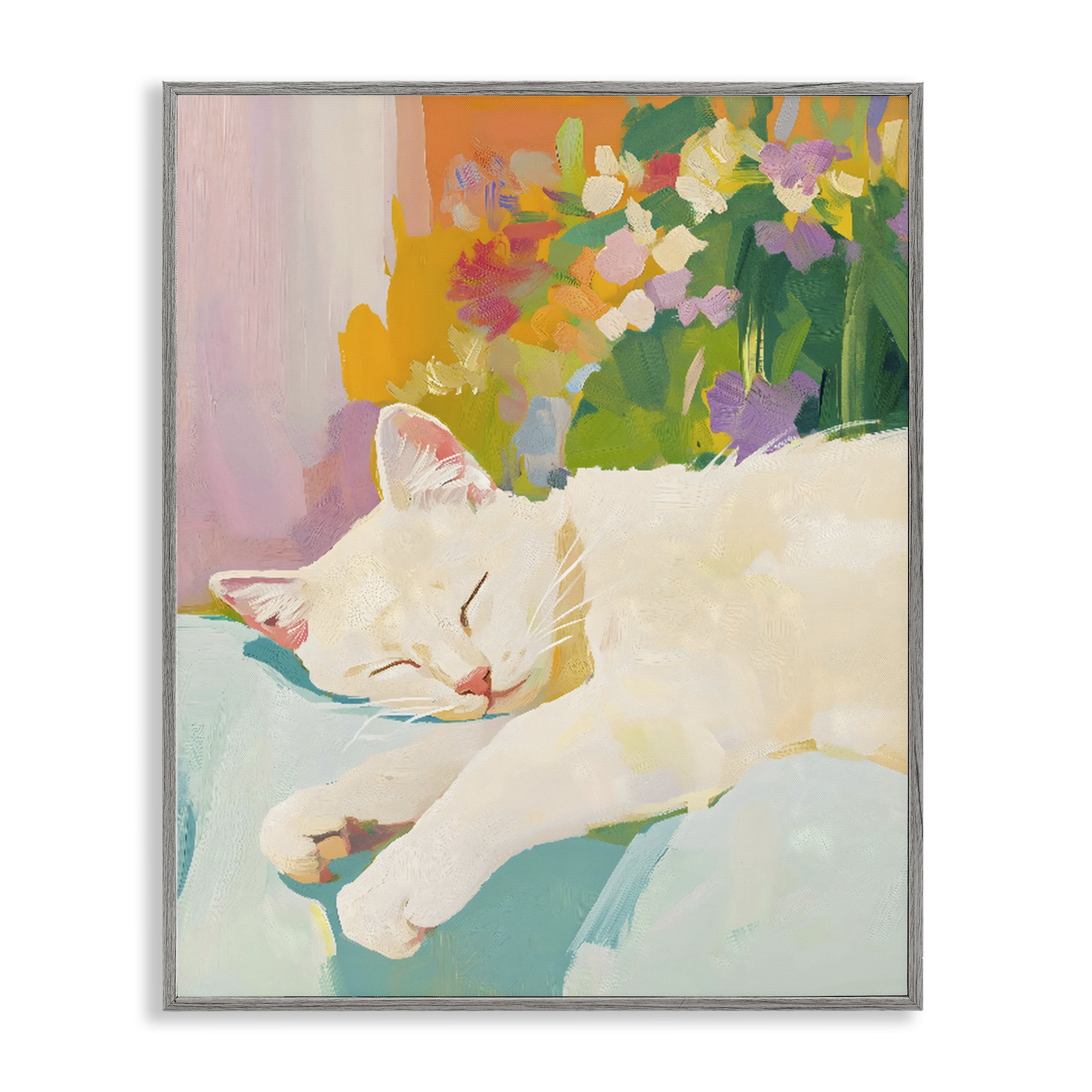 Stupell Industries Sleeping Cat with Flowers Gray Framed Giclee Art, design by The Prints Vibe