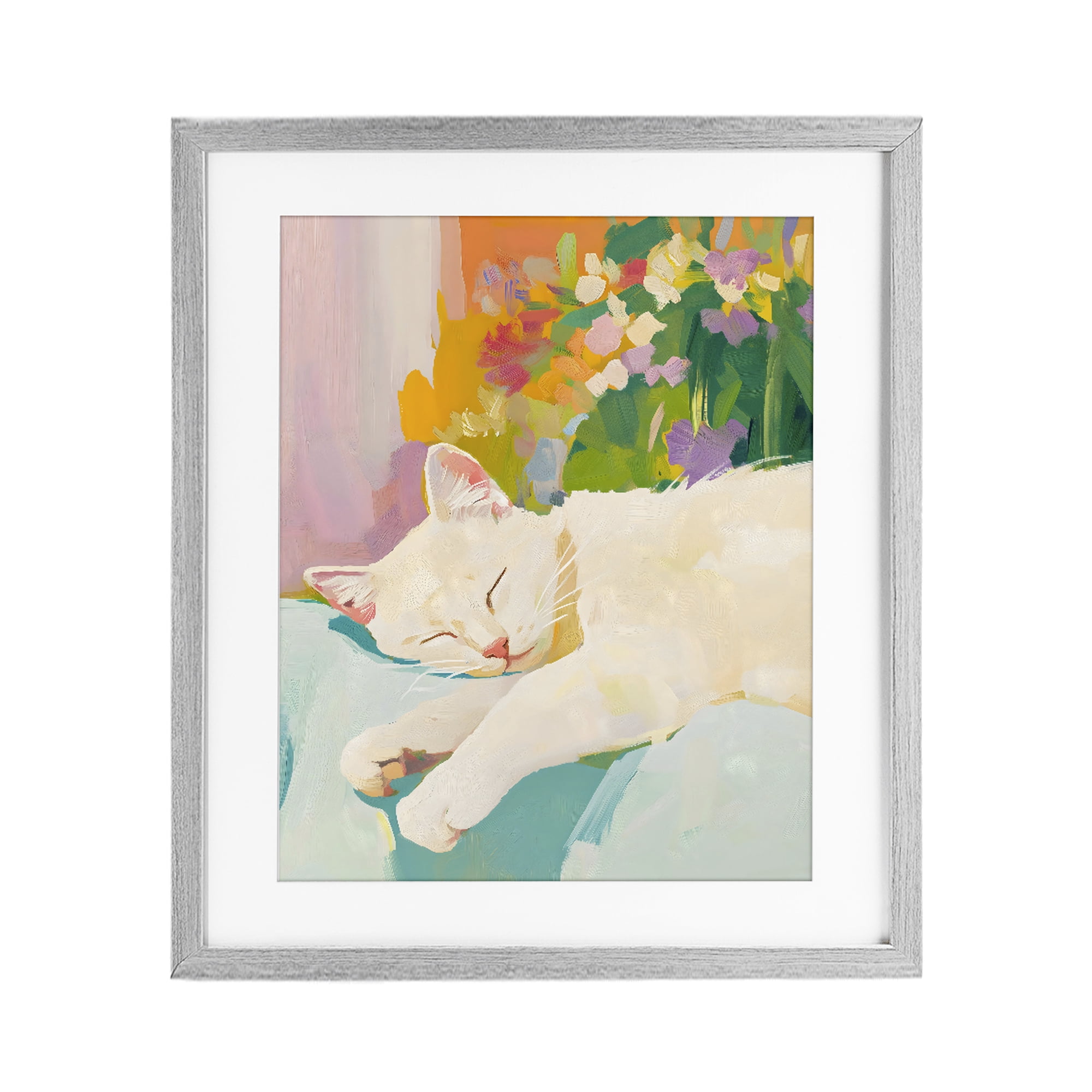 Stupell Industries Sleeping Cat with Flowers Gray Framed Print Under Glass, design by The Prints Vibe