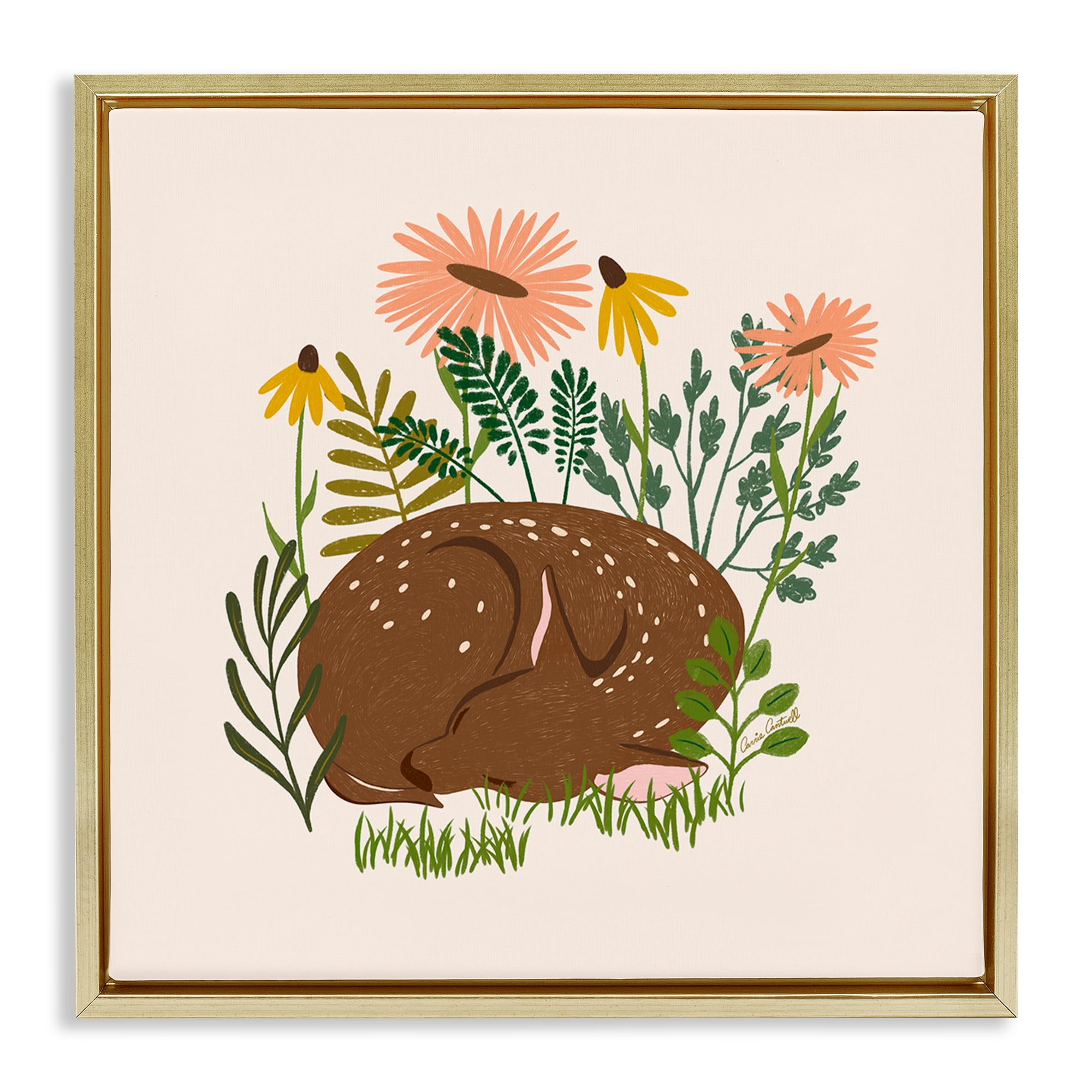 Stupell Industries Sleeping Deer Among Daisies Animals Painting Gold Floater Framed Canvas Art Print Wall Art, 25 x 25