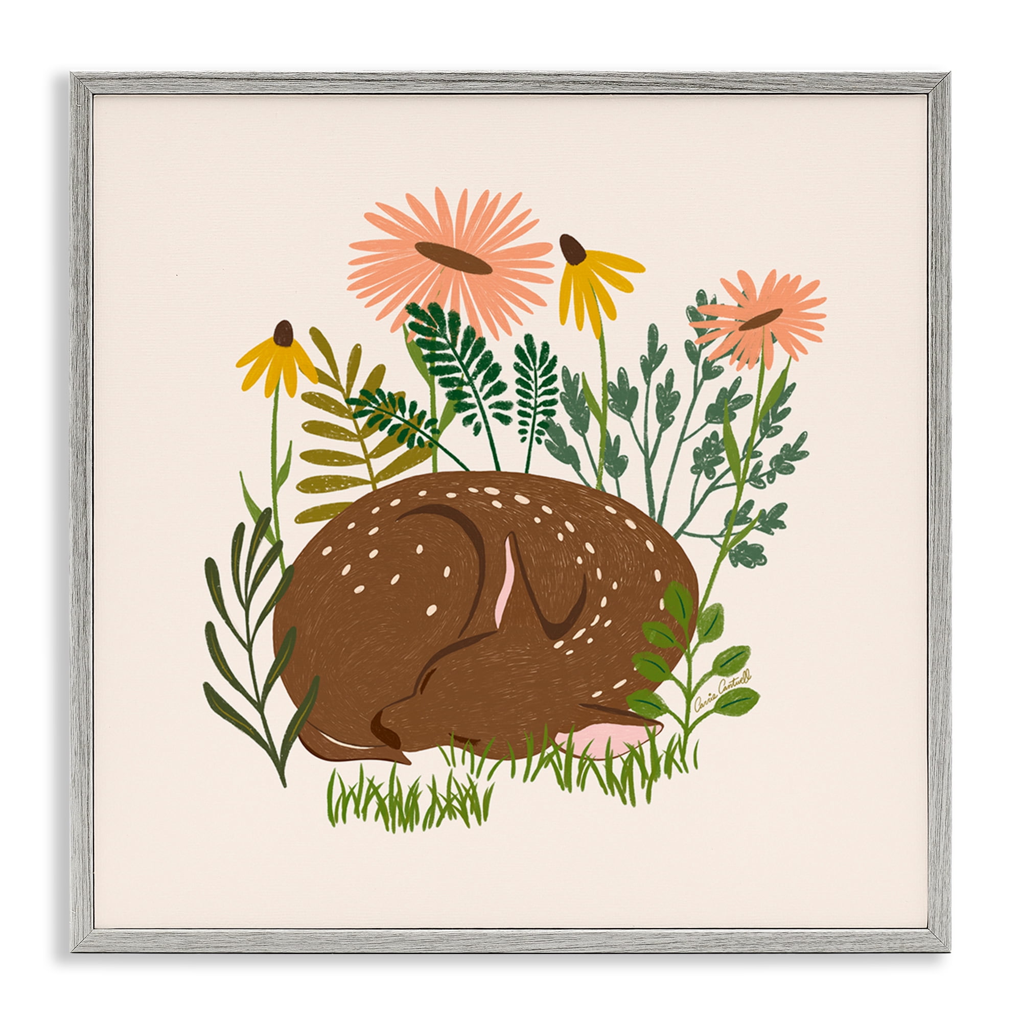 Stupell Industries Sleeping Deer Among Daisies Animals Painting Gray Framed Art Print Wall Art, 17 x 17