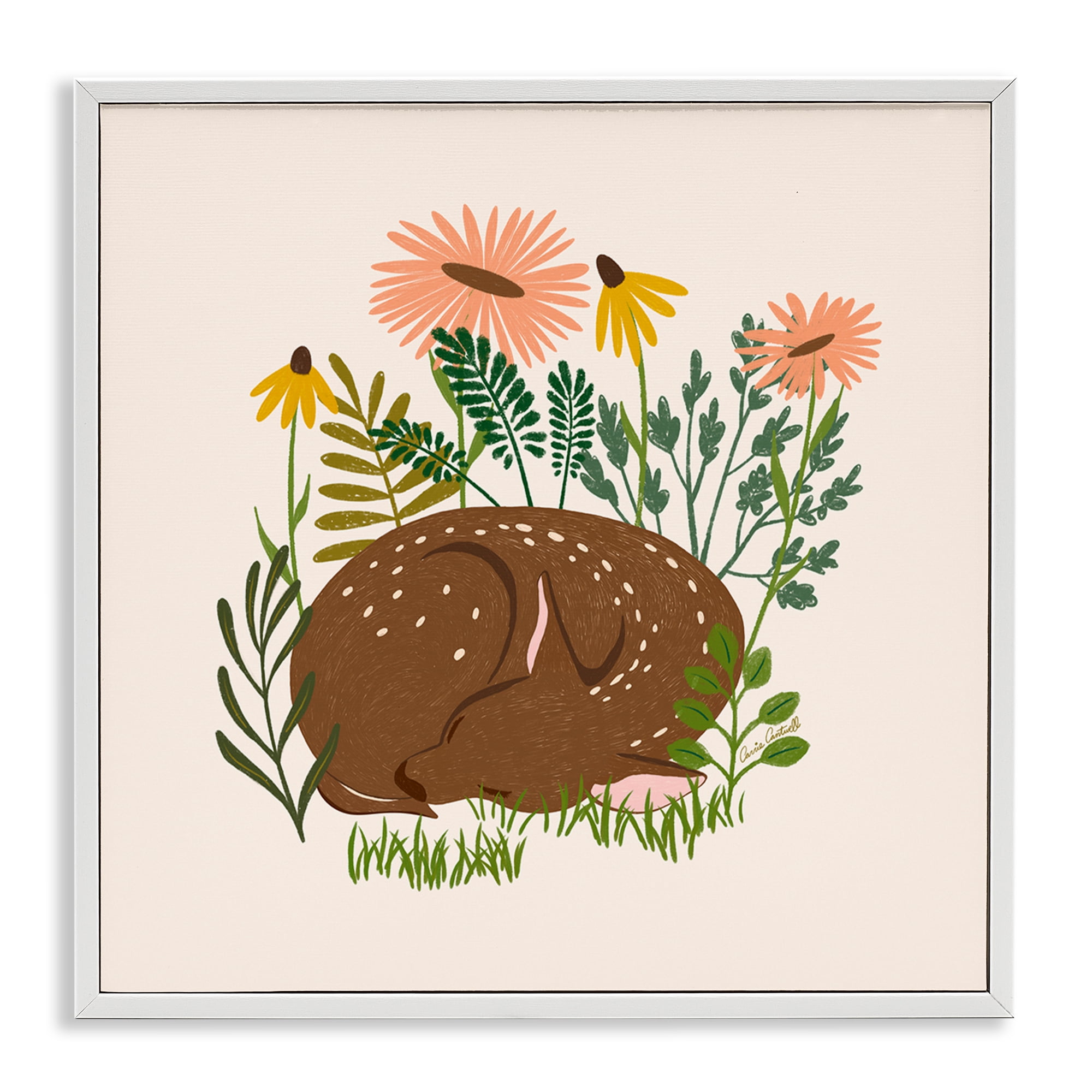 Stupell Industries Sleeping Deer Among Daisies Animals Painting White Framed Art Print Wall Art, 24 x 24