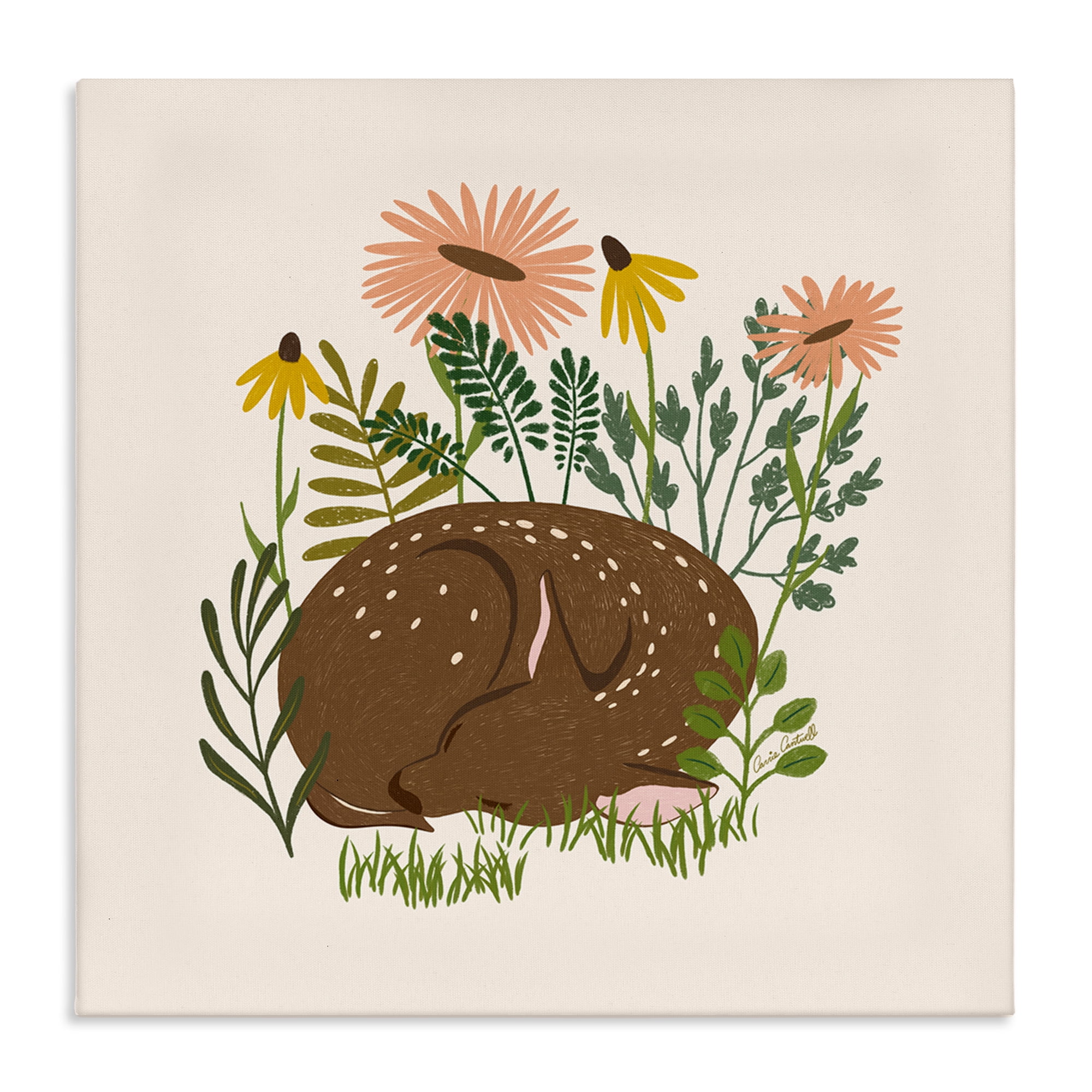 Stupell Industries Sleeping Deer Among Daisies Animals Painting Wrapped Canvas Art Print Wall Art, 17 x 17
