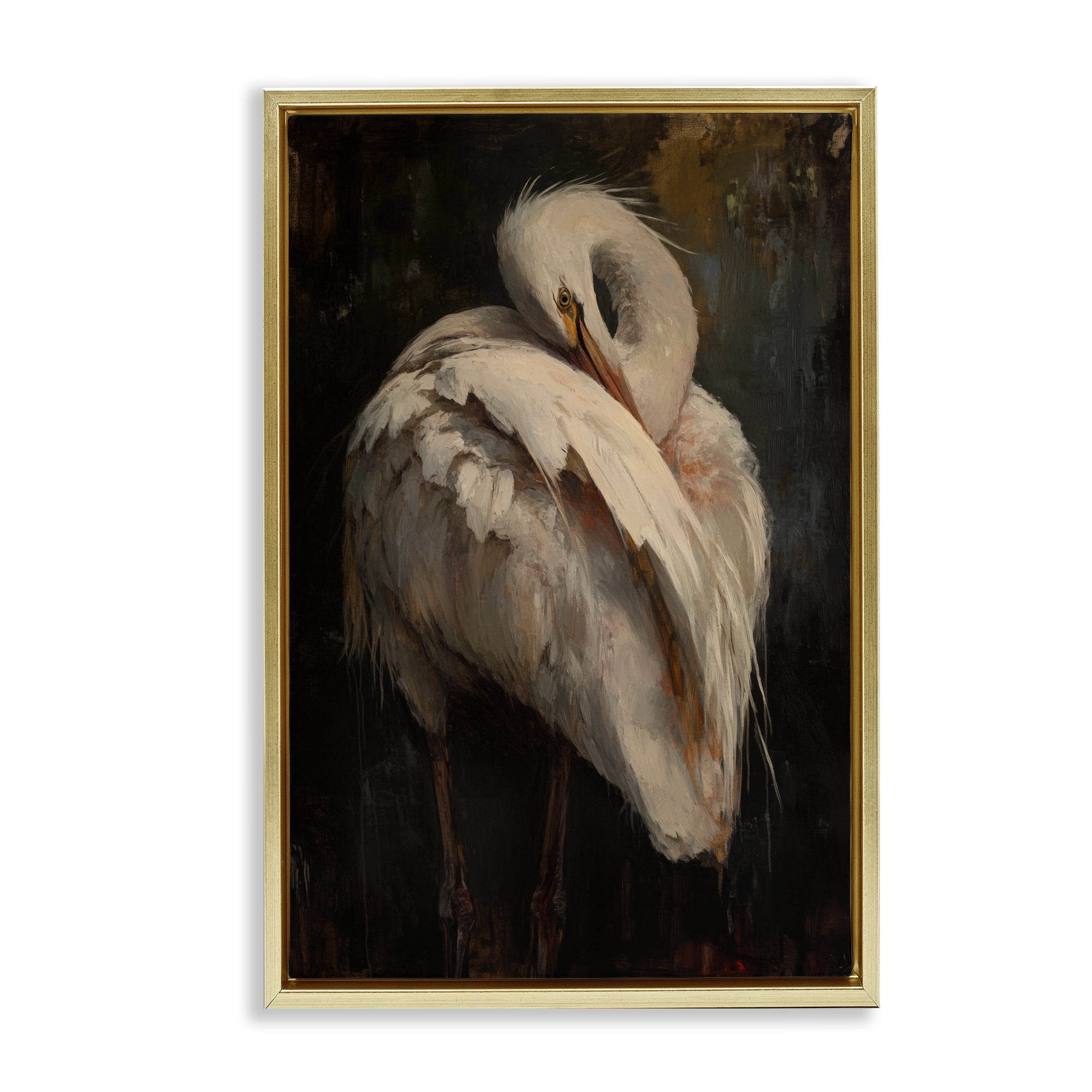 Stupell Industries Sleeping Egret in Golden Light Gold Framed Floater Canvas Wall Art, design by Petal Prints Design