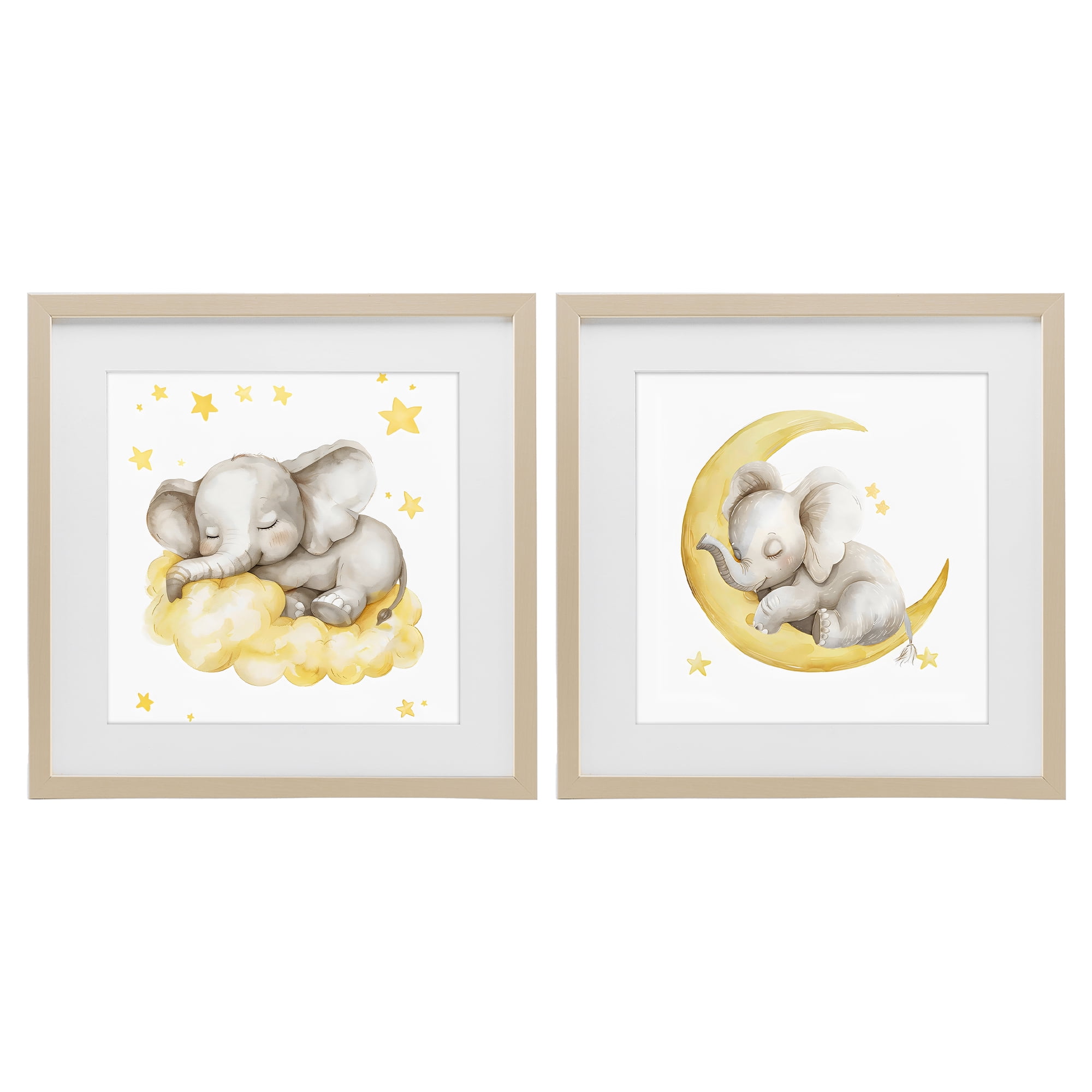 Stupell Industries Sleeping Elephant Moon and Clouds 2 Piece Birch Framed Print Under Glass Set, design by LSR Design Studio