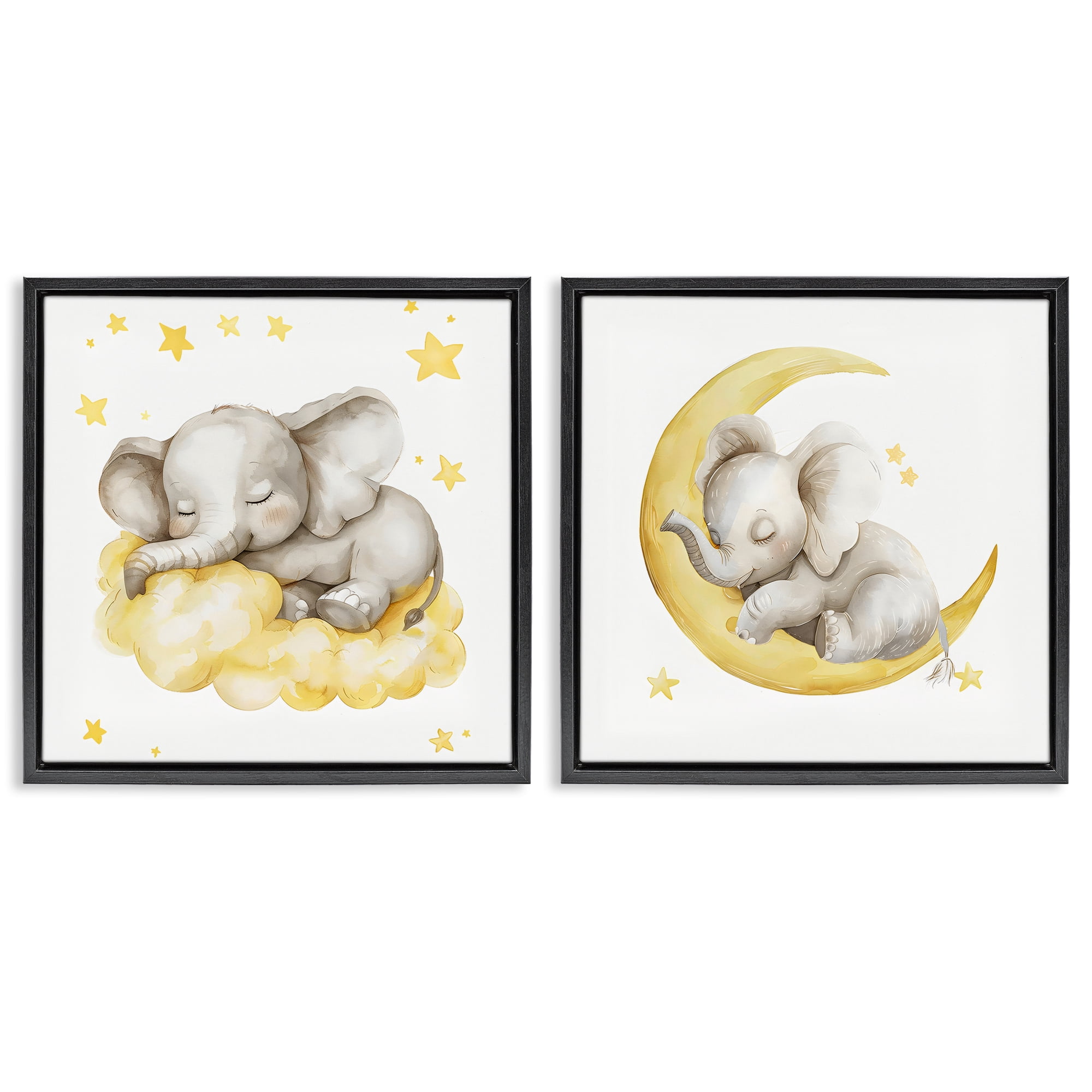 Stupell Industries Sleeping Elephant Moon and Clouds 2 Piece Black Framed Floater Canvas Set, design by LSR Design Studio