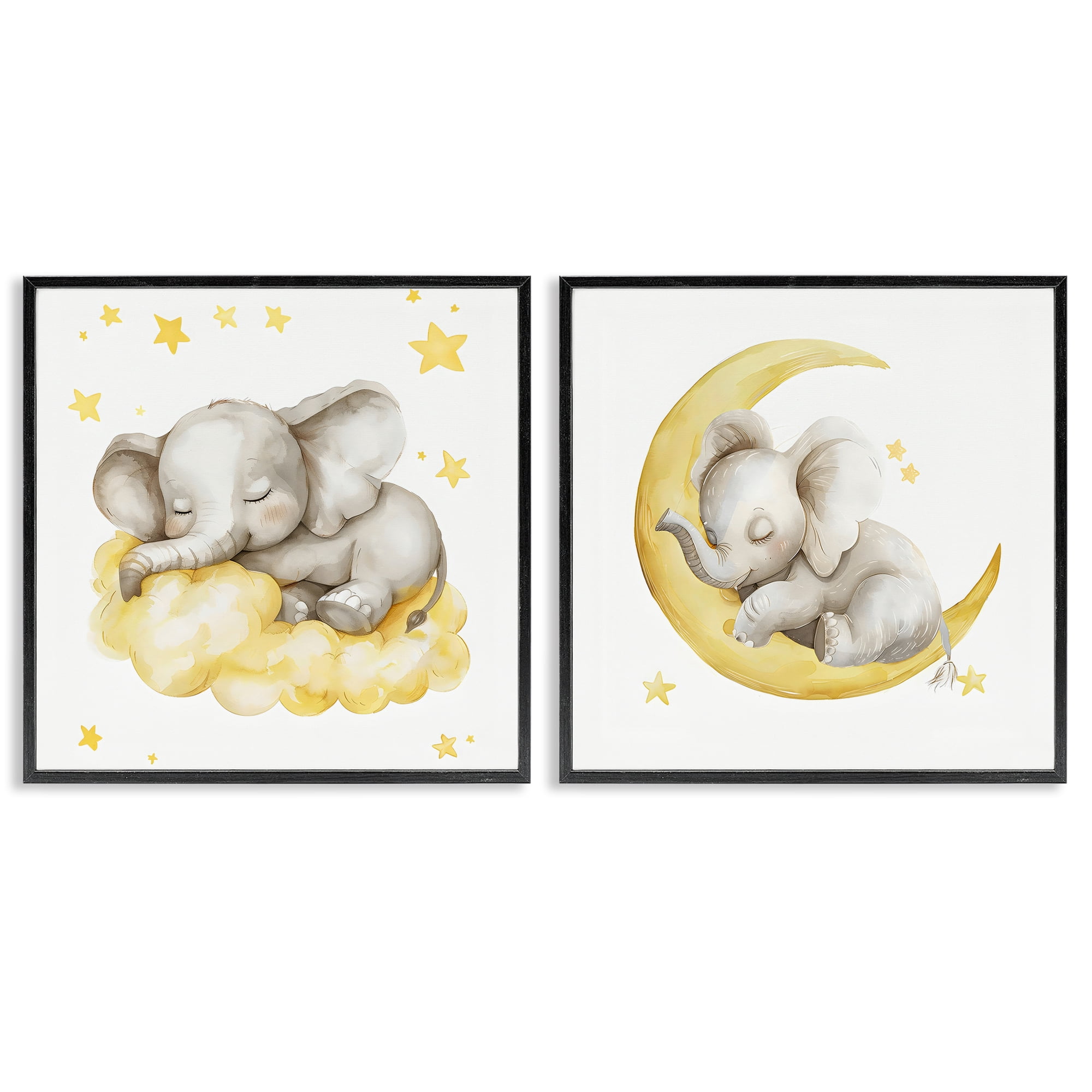 Stupell Industries Sleeping Elephant Moon and Clouds 2 Piece Black Framed Giclee Art Set, design by LSR Design Studio