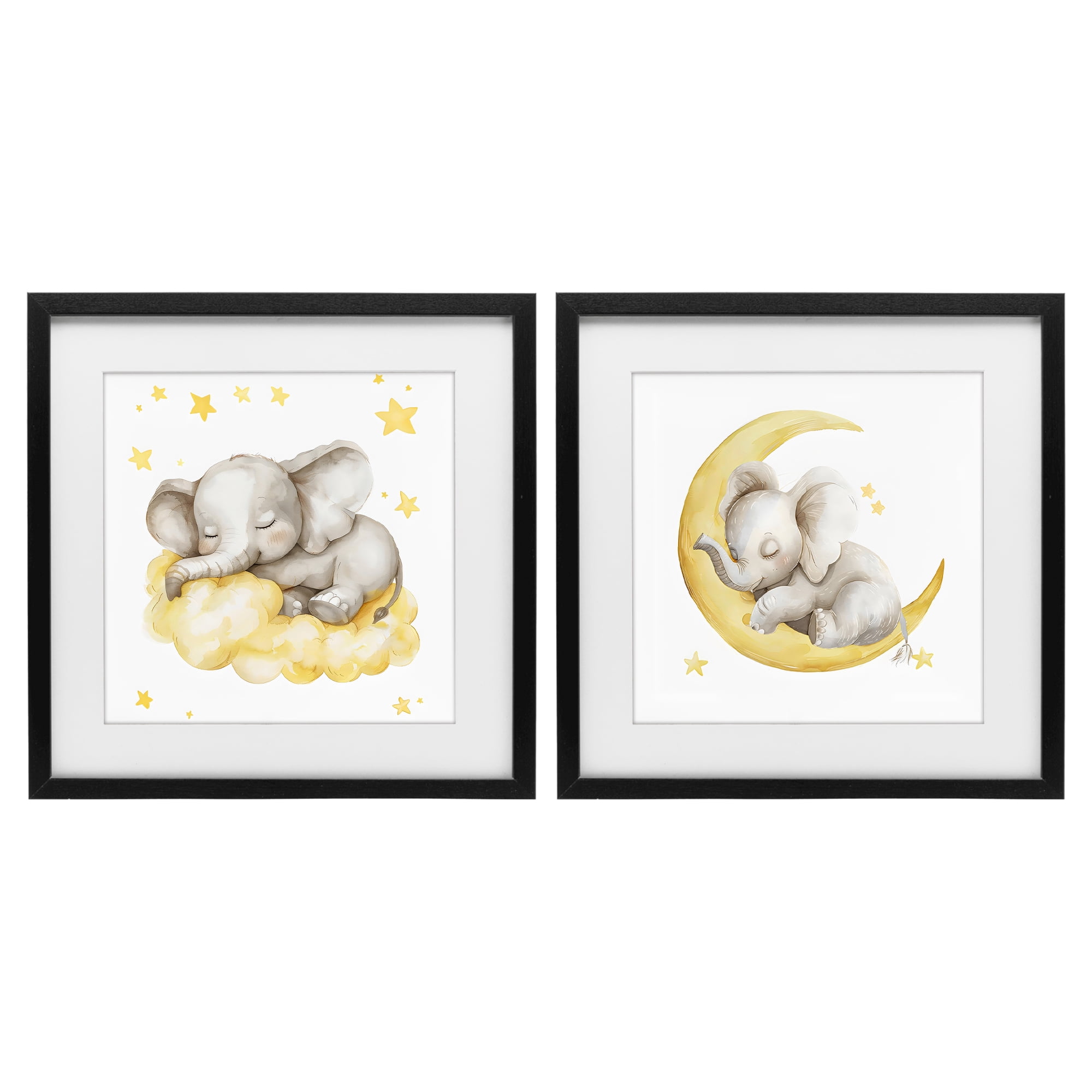 Stupell Industries Sleeping Elephant Moon and Clouds 2 Piece Black Framed Print Under Glass Set, design by LSR Design Studio