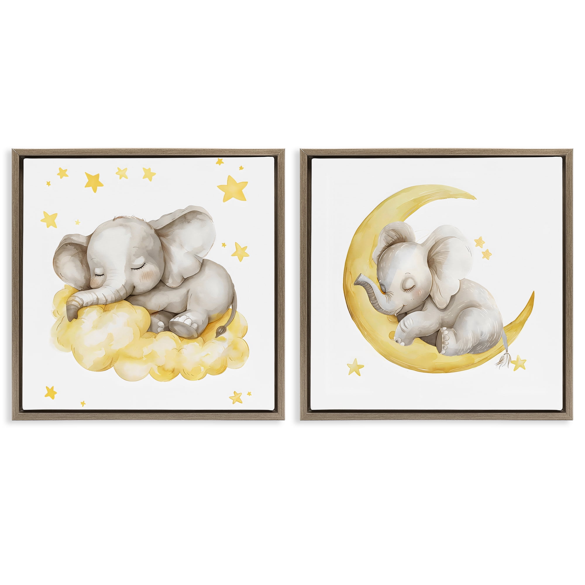 Stupell Industries Sleeping Elephant Moon and Clouds 2 Piece Brown Framed Floater Canvas Set, design by LSR Design Studio