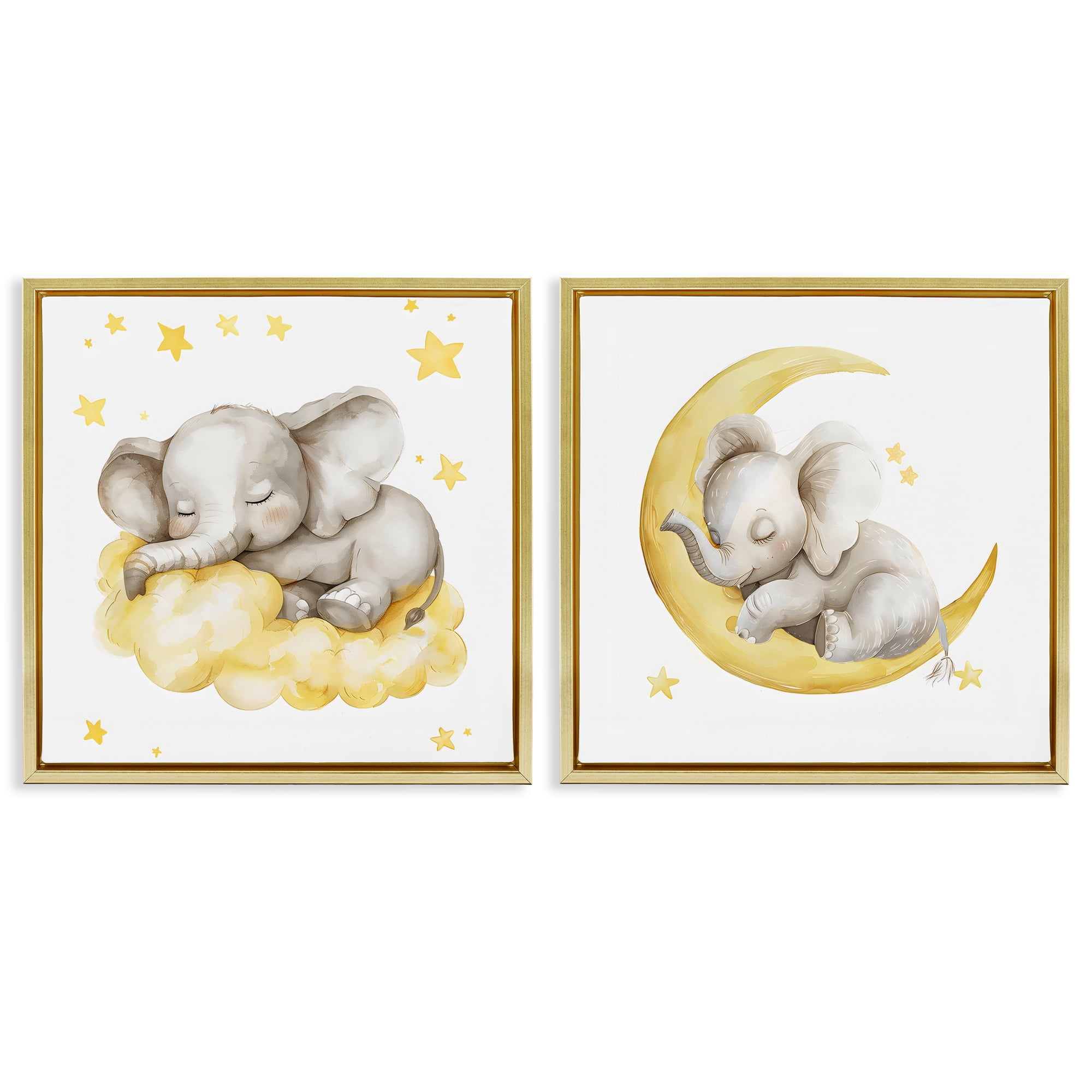 Stupell Industries Sleeping Elephant Moon and Clouds 2 Piece Gold Framed Floater Canvas Set, design by LSR Design Studio