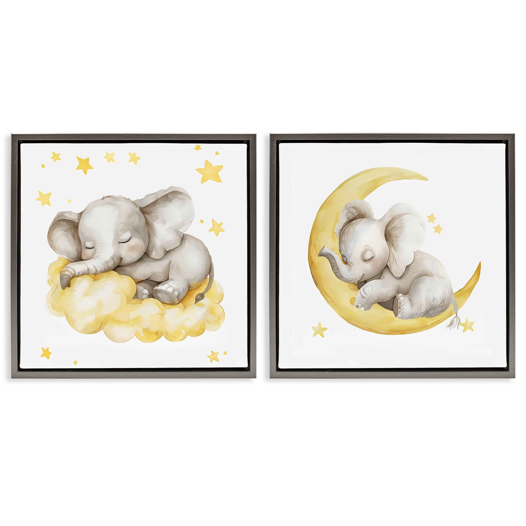 Stupell Industries Sleeping Elephant Moon and Clouds 2 Piece Gray Framed Floater Canvas Set, design by LSR Design Studio