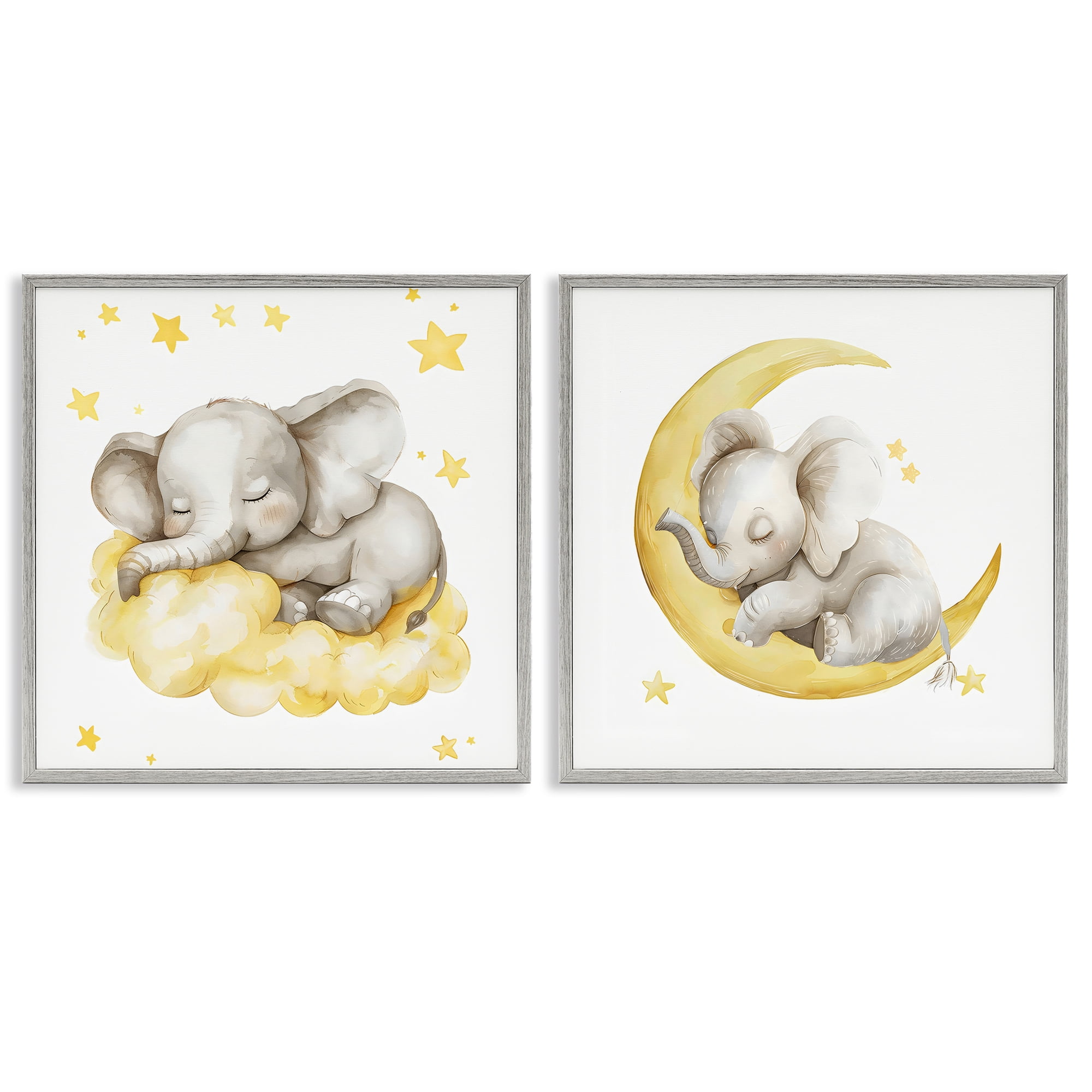 Stupell Industries Sleeping Elephant Moon and Clouds 2 Piece Gray Framed Giclee Art Set, design by LSR Design Studio