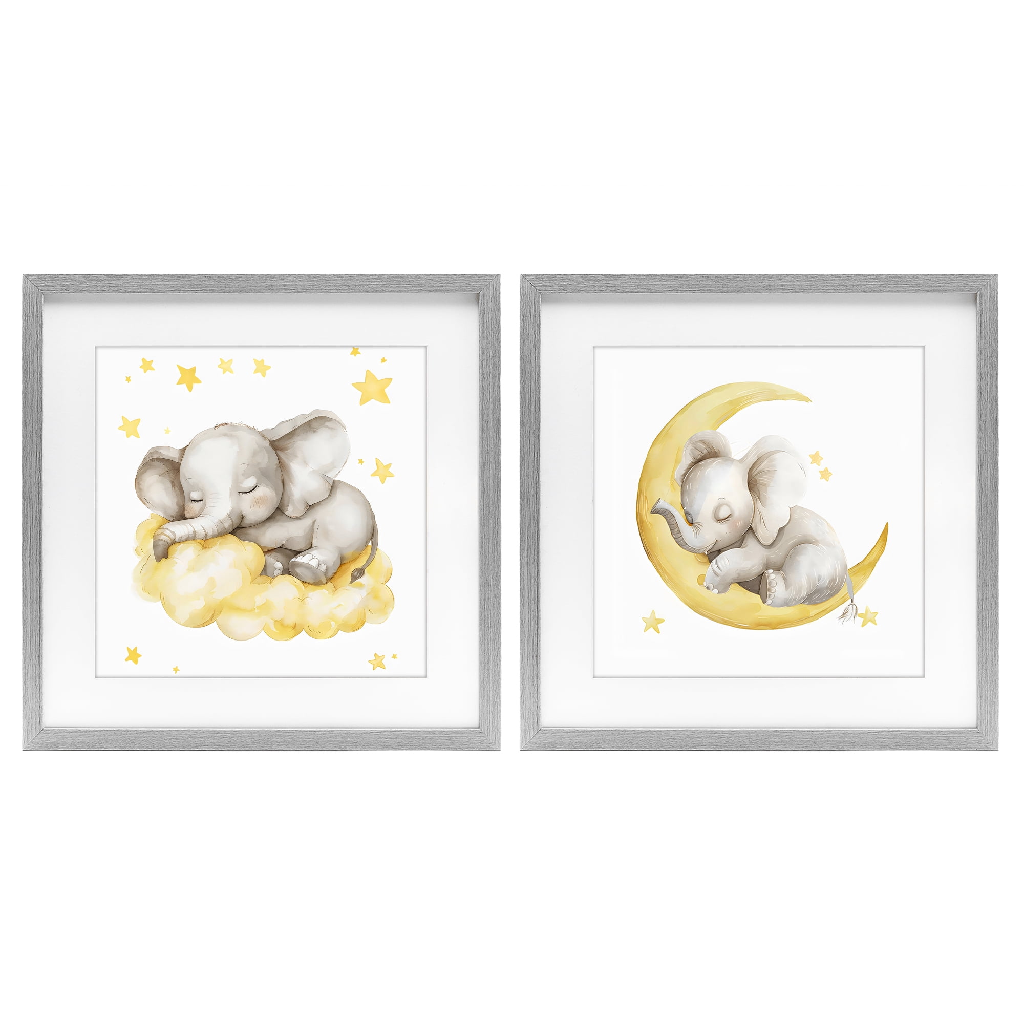 Stupell Industries Sleeping Elephant Moon and Clouds 2 Piece Gray Framed Print Under Glass Set, design by LSR Design Studio