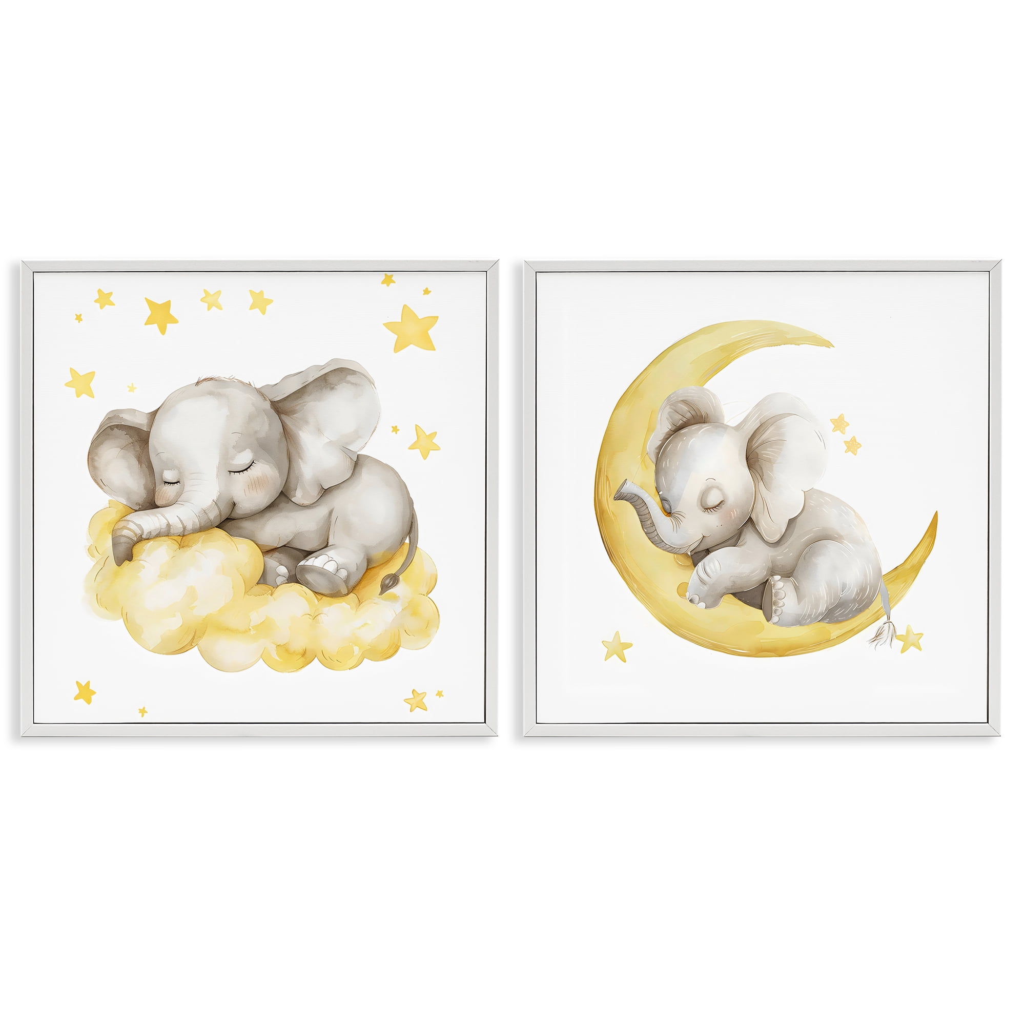 Stupell Industries Sleeping Elephant Moon and Clouds 2 Piece White Framed Giclee Art Set, design by LSR Design Studio